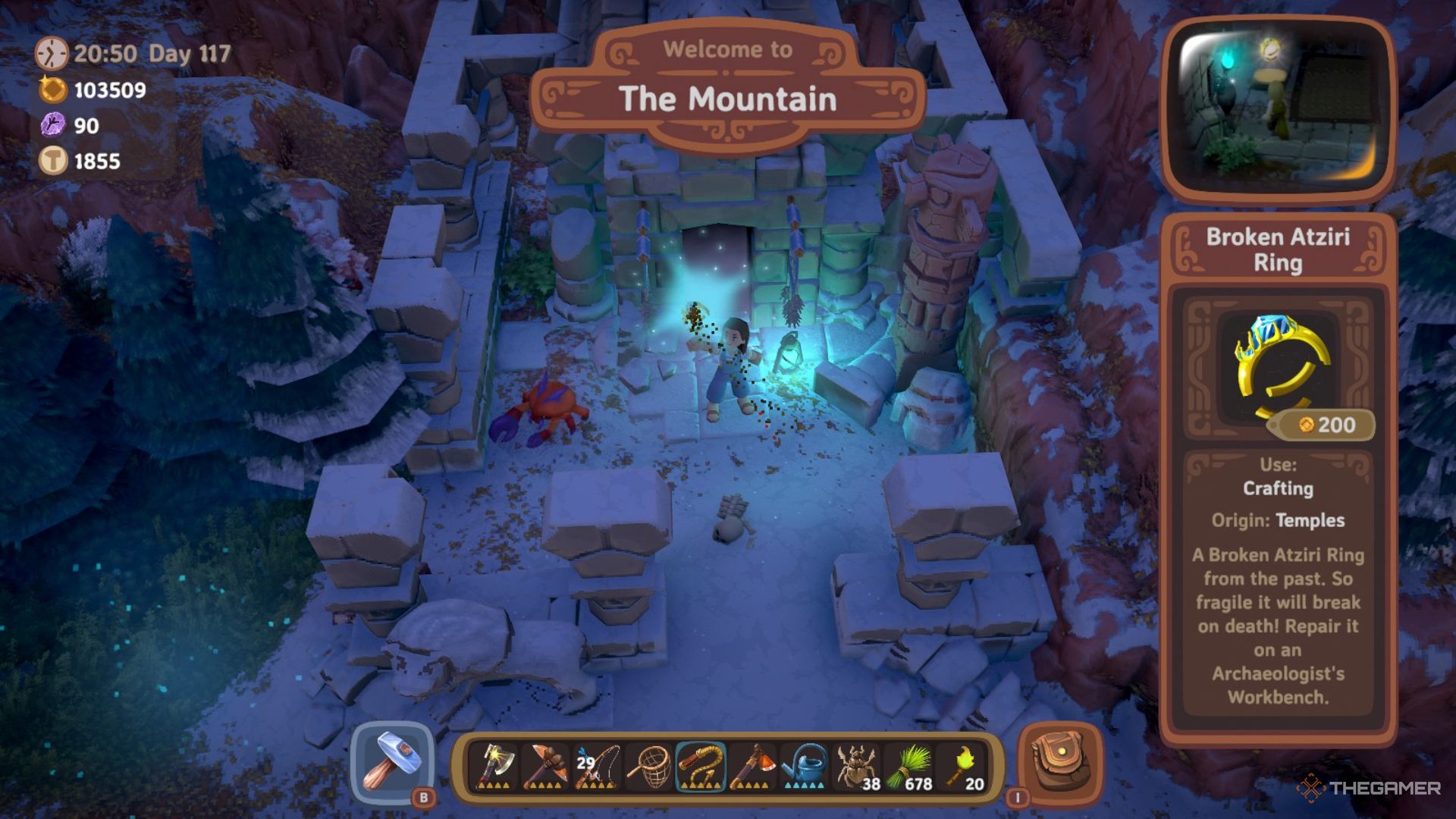 Player character holding up a Broken Atziri Ring they got from a Mountain Temple in Luma Island.