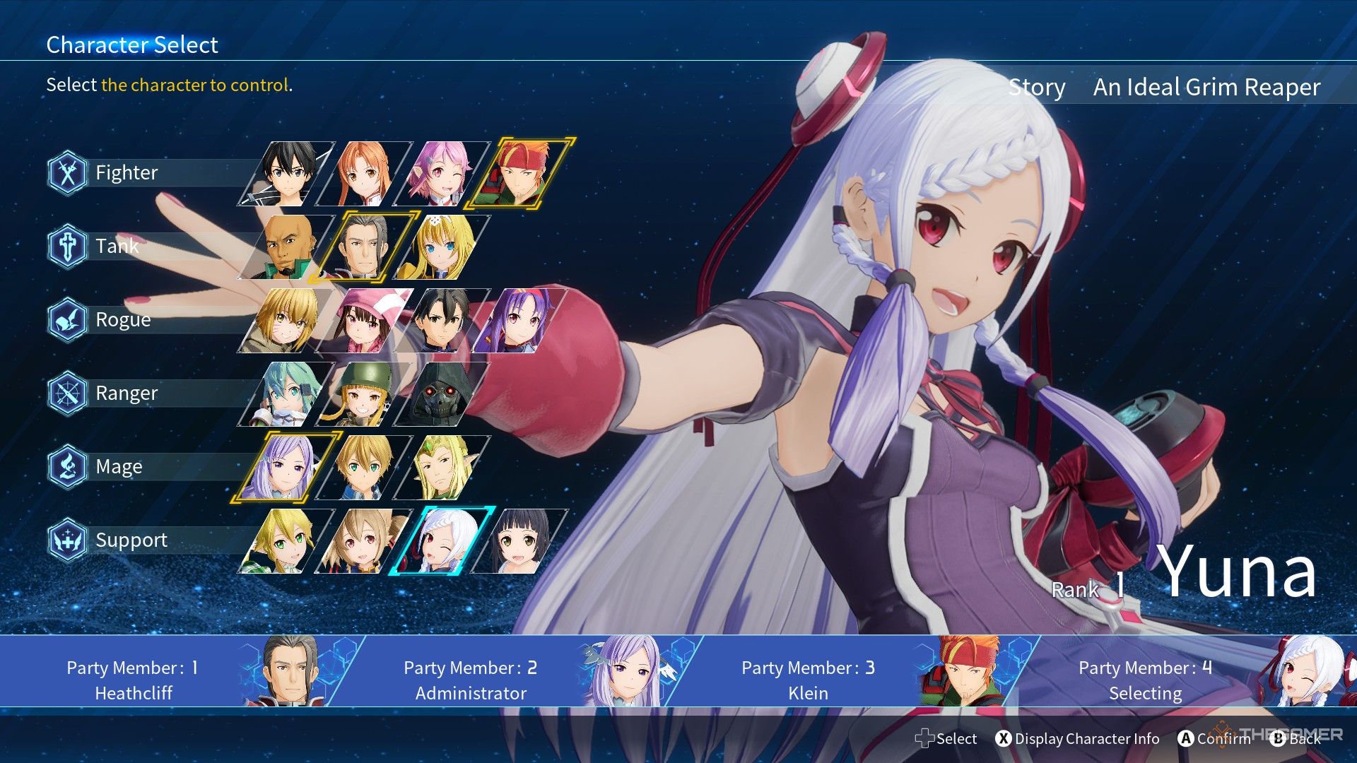 The player selects Yuna as a party member in Sword Art Online: Fractured Daydream.