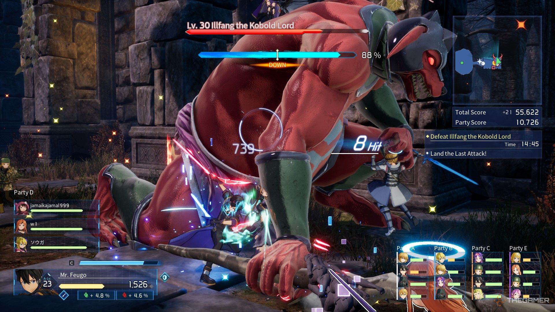 The players knock down the Illfang the Kobold Lord boss in Sword Art Online: Fractured Daydream.