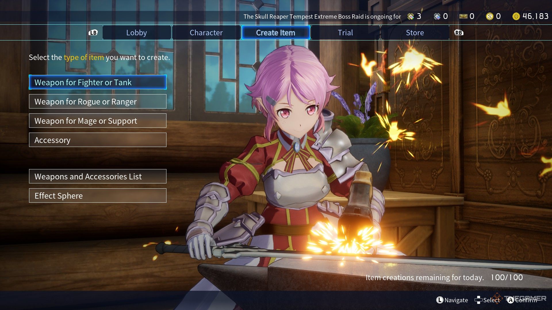 Lisbeth is smithing a weapon in Create Item window in Sword Art Online: Fractured Daydream.