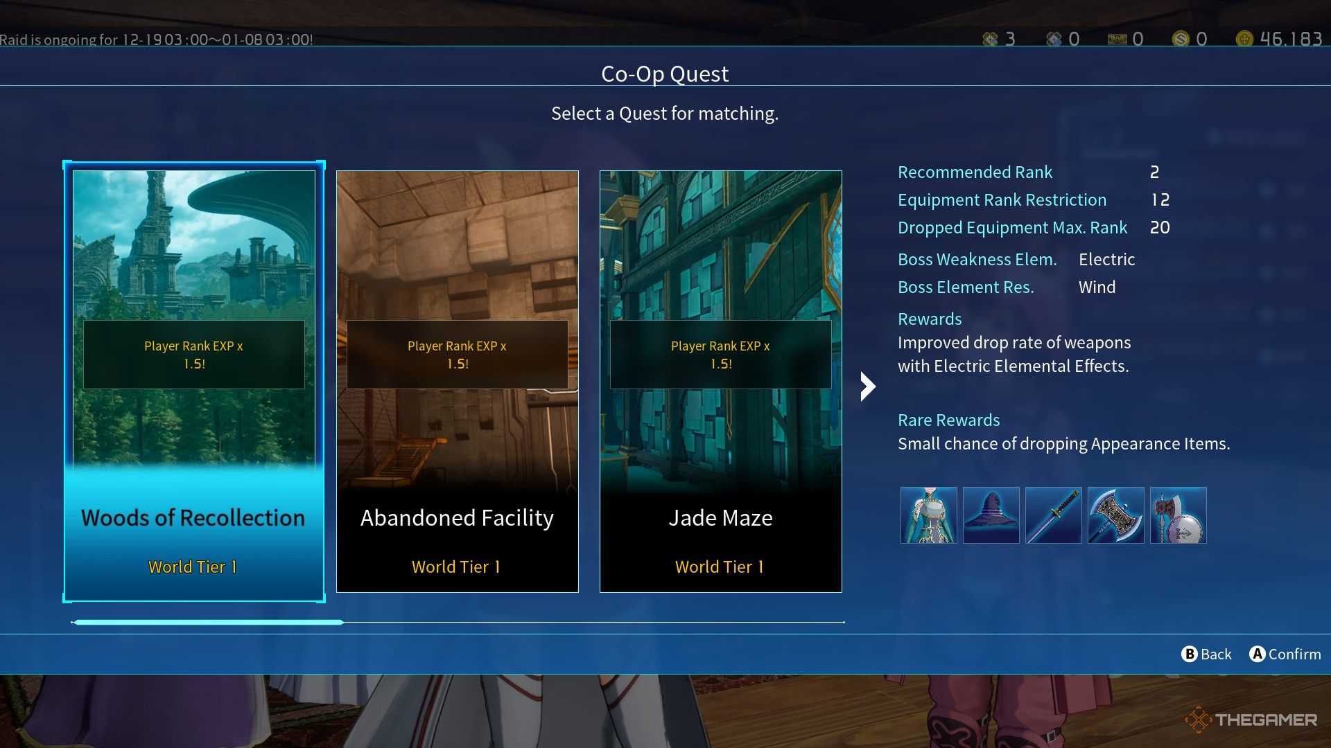 Co-Op quest selection screen is displayed in Sword Art Online: Fractured Daydream.