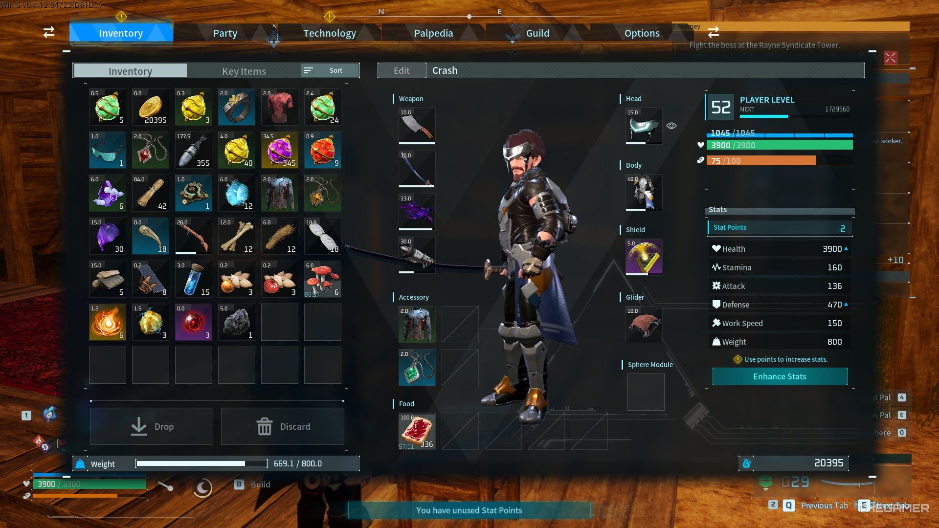 The player&rsquo;s inventory is almost filled with items in Palworld.