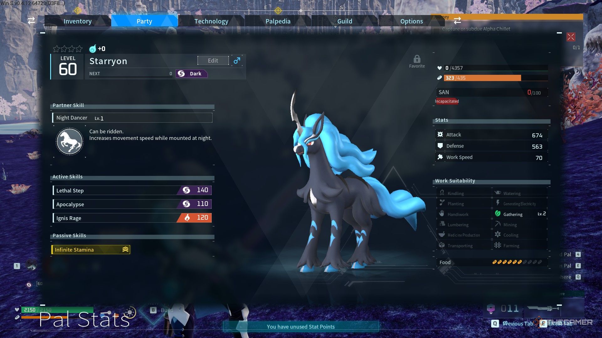 Starryon&rsquo;s stats are shown in Palworld.