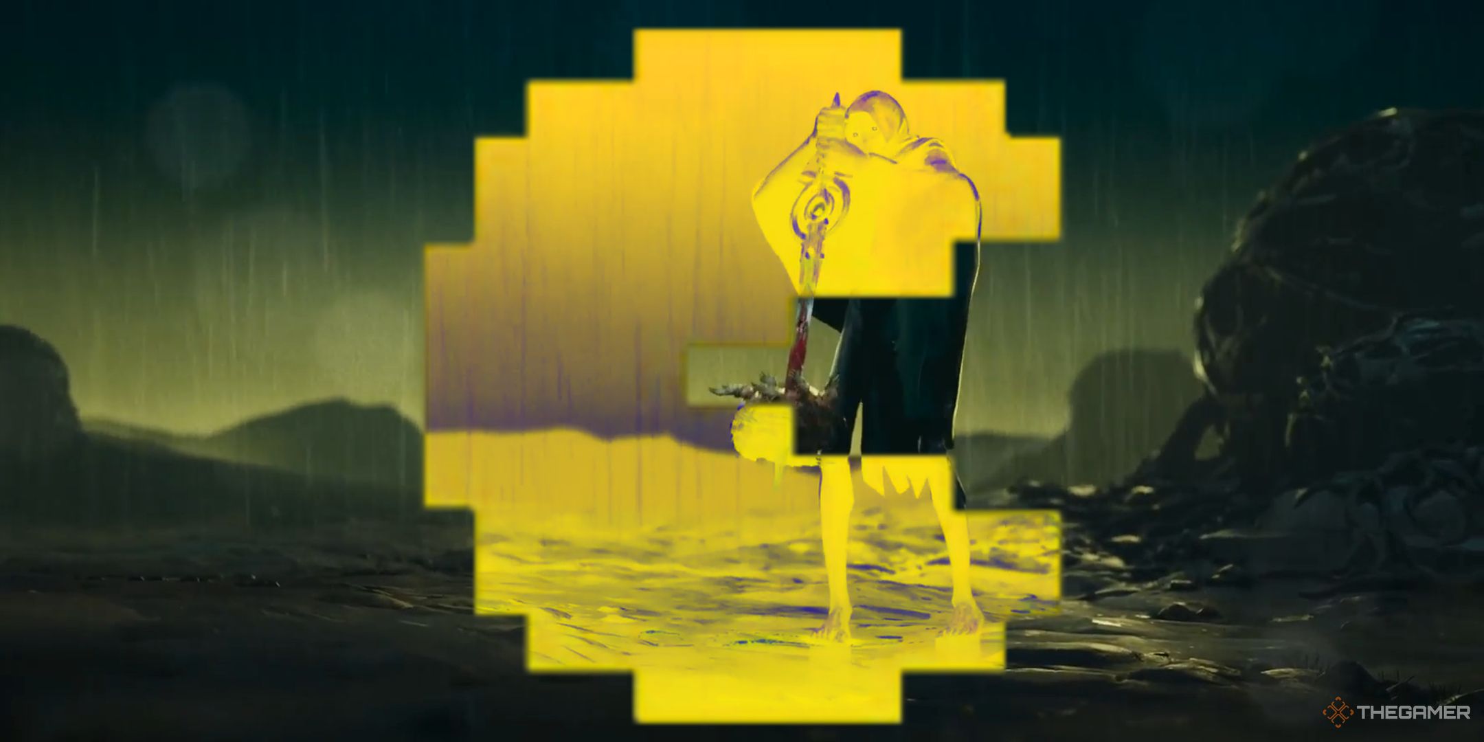 The original Pac-Man sprite is seen in front of a screenshot of the Secret Level episode The Circle.