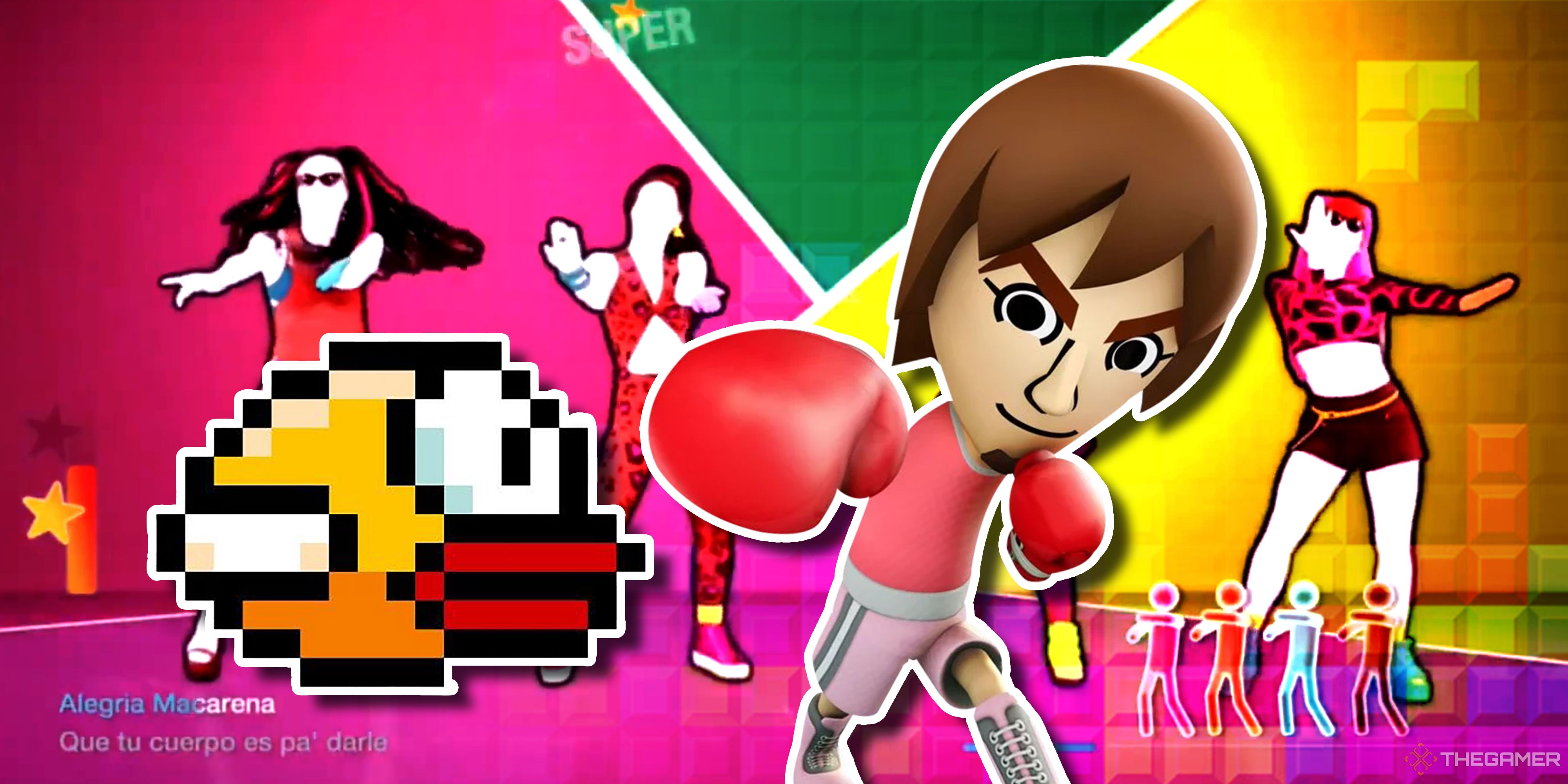 Collage image with Flappy Bird, Wii Sports boxing, and Just Dance dancers.