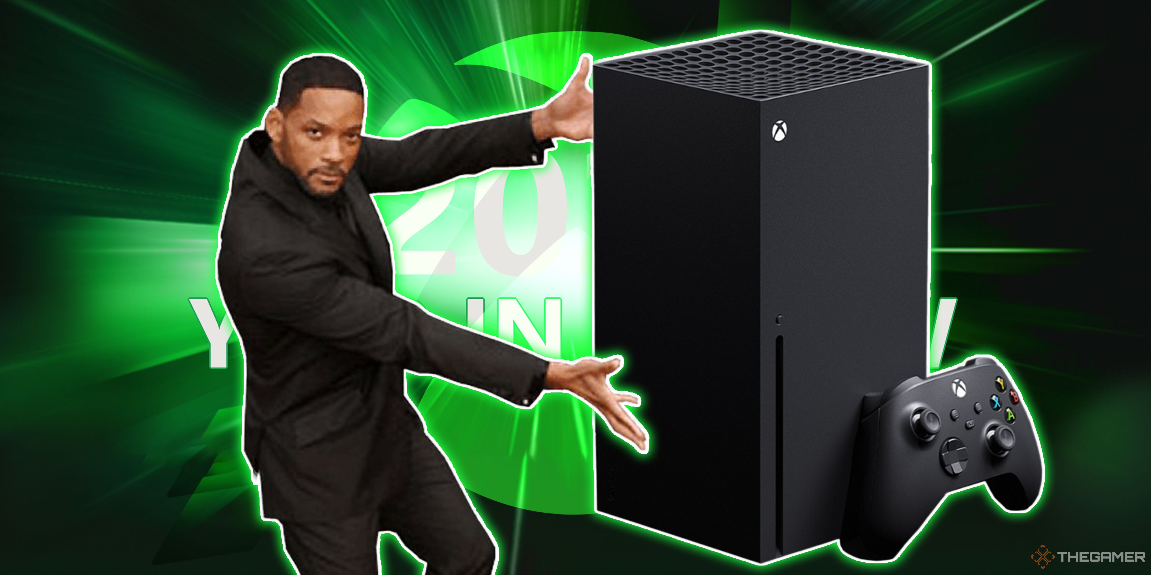 Will Smith gesturing to an Xbox Series X.