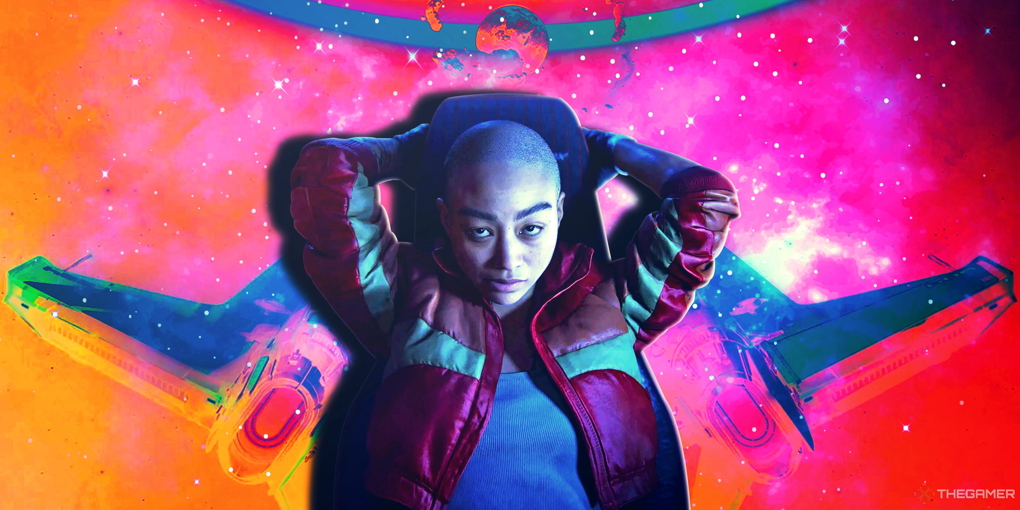 Jordan A. Mun in Intergalactic: The Heretic Prophet with her hands behind her head, and her spaceship in the background.