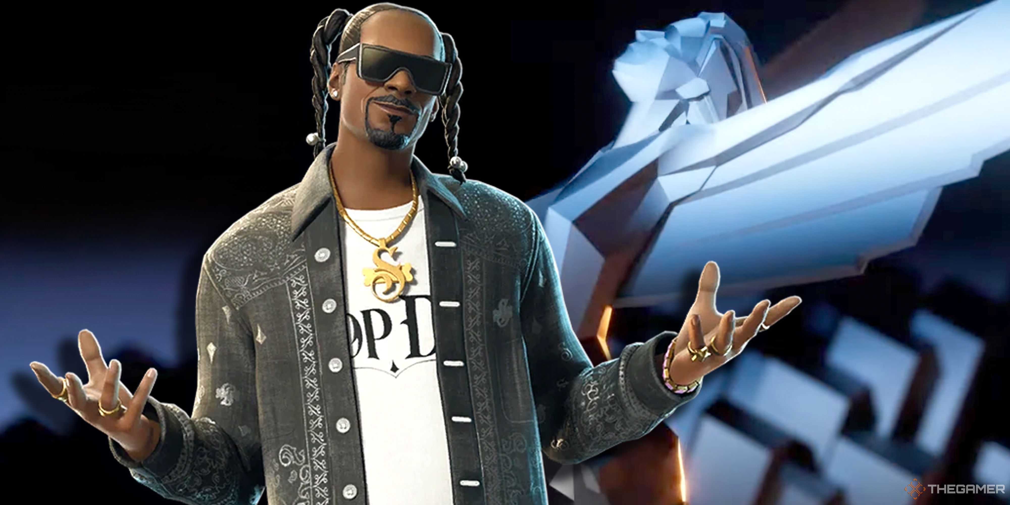 Snoop Dogg in Fortnite posing in front of The Game Awards statuette.