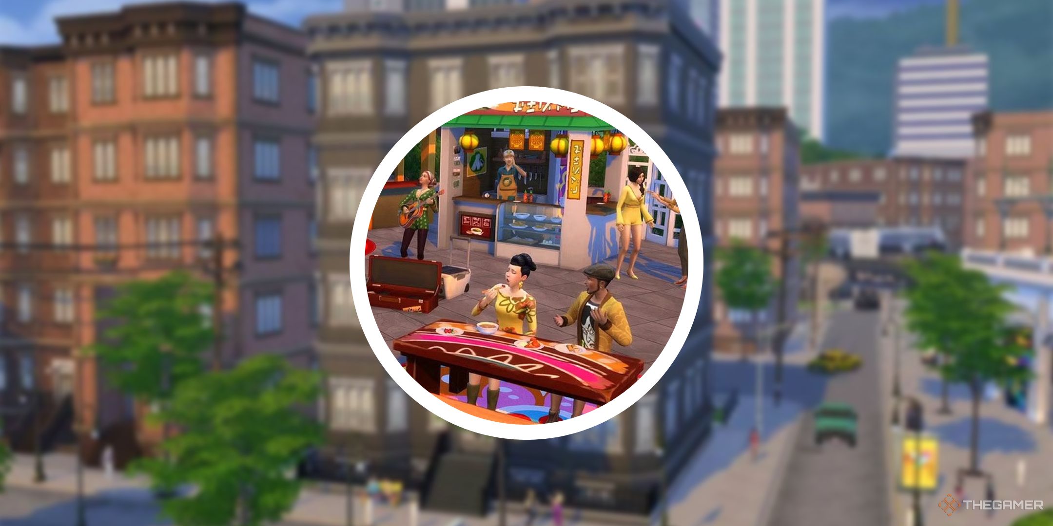 A blurry image of a streetcorner in The Sims 4, with a circle PNG showing Sims at the Spice Festival.