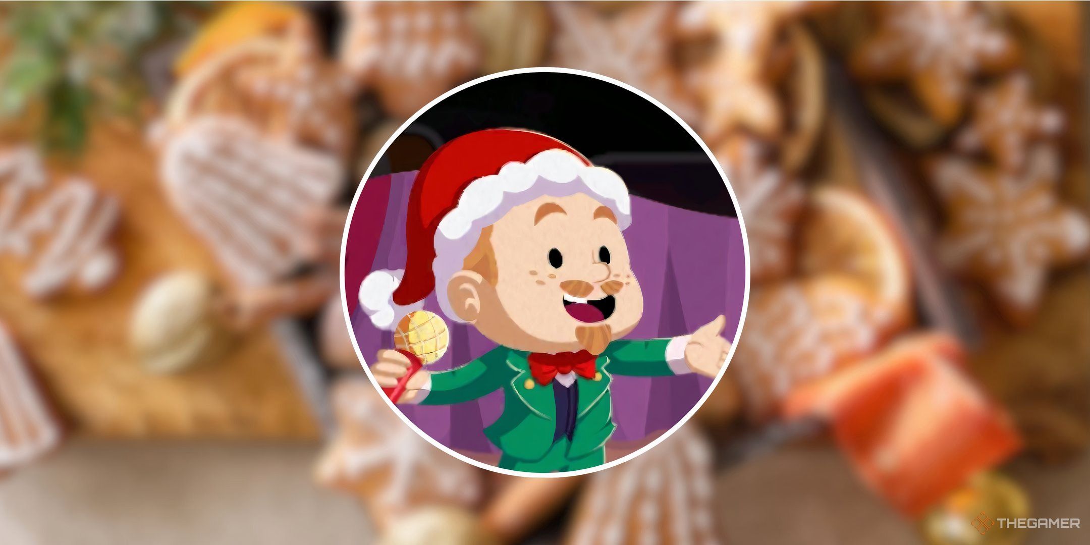 A character from Monopoly Go singing in front of a faded background of gingerbread cookies for the Gingerbread Gala rewards guide in Monopoly Go.