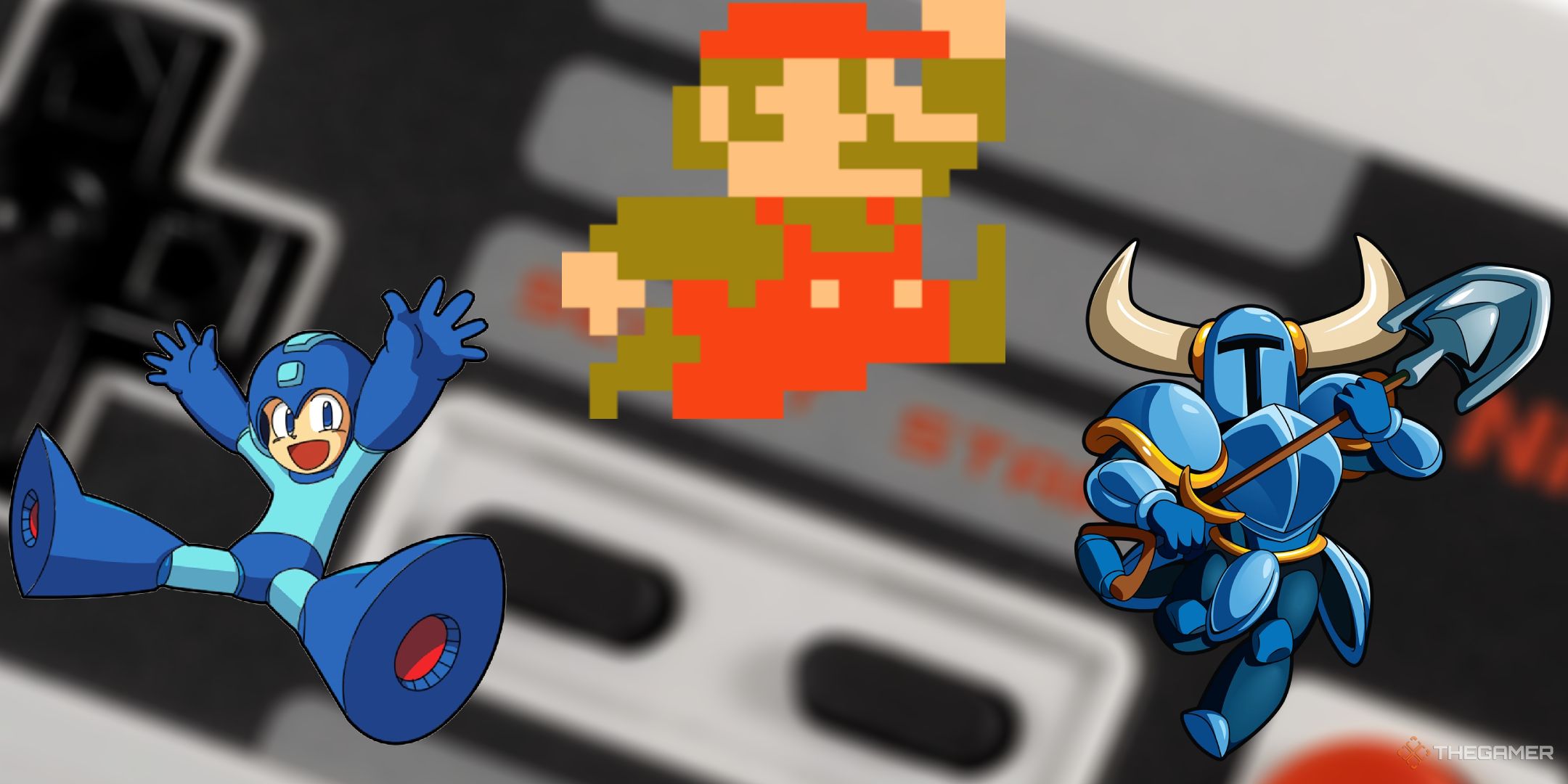 A collage of characters from games that can be played with an NES controller such as Mario Bros, Mega Man, and Shovel Knight.