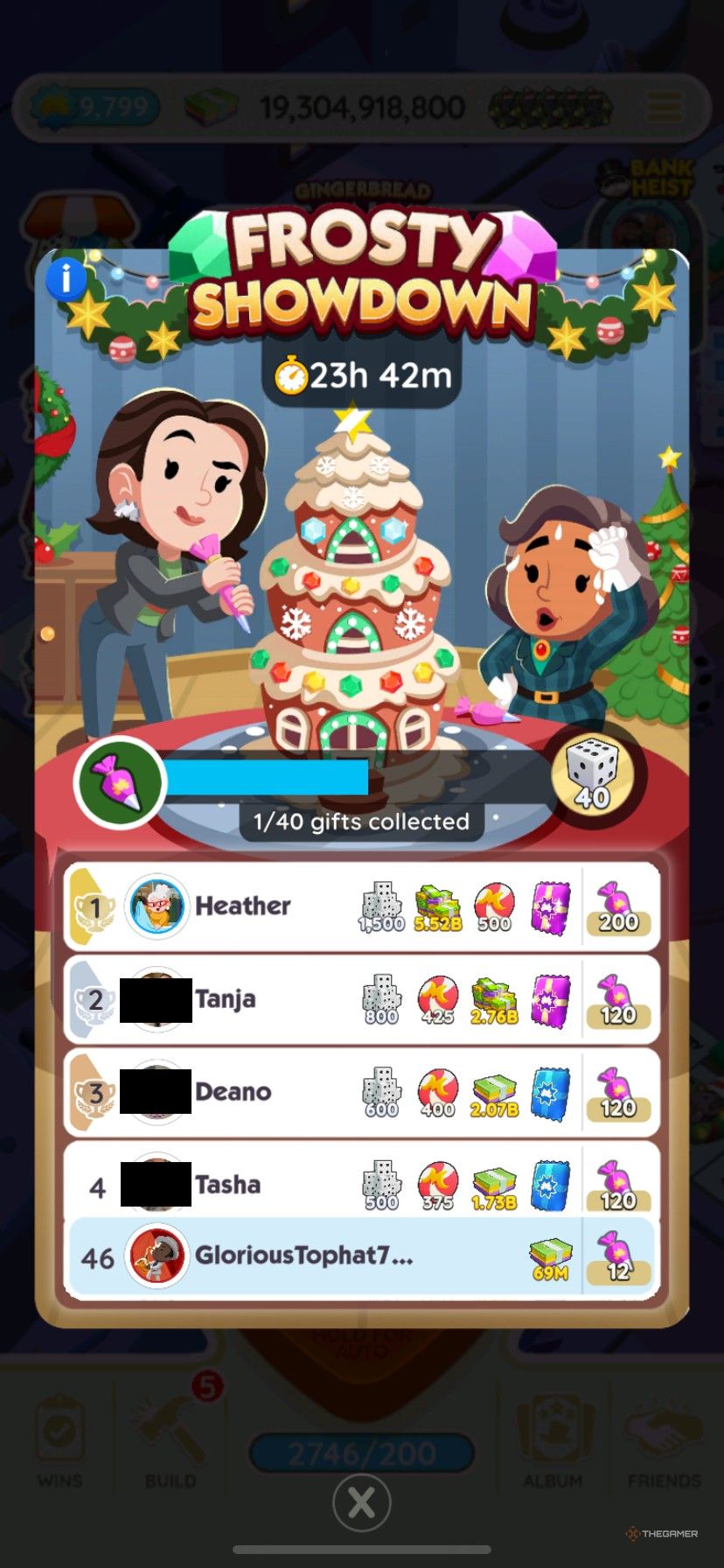 A leaderboard in Frosty Showdown in Monopoly Go.