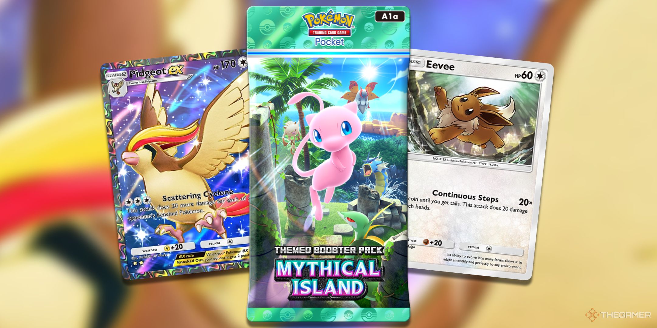 A pack of Mythical Island revealing some of the best Colorless Pokemon from the Pokemon TCG Pocket set.