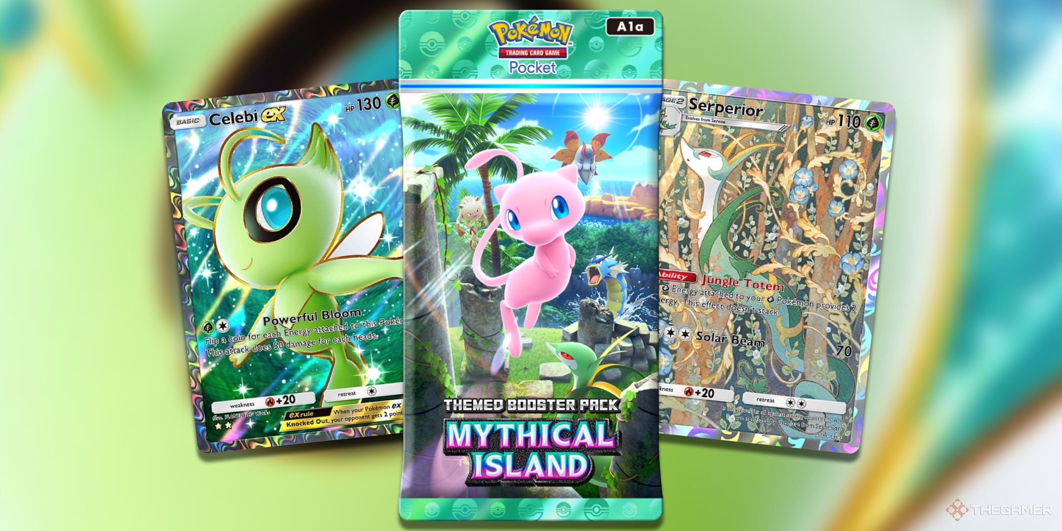 A pack of Mythical Island revealing the best Grass Pokemon from the set in Pokemon TCG Pocket.