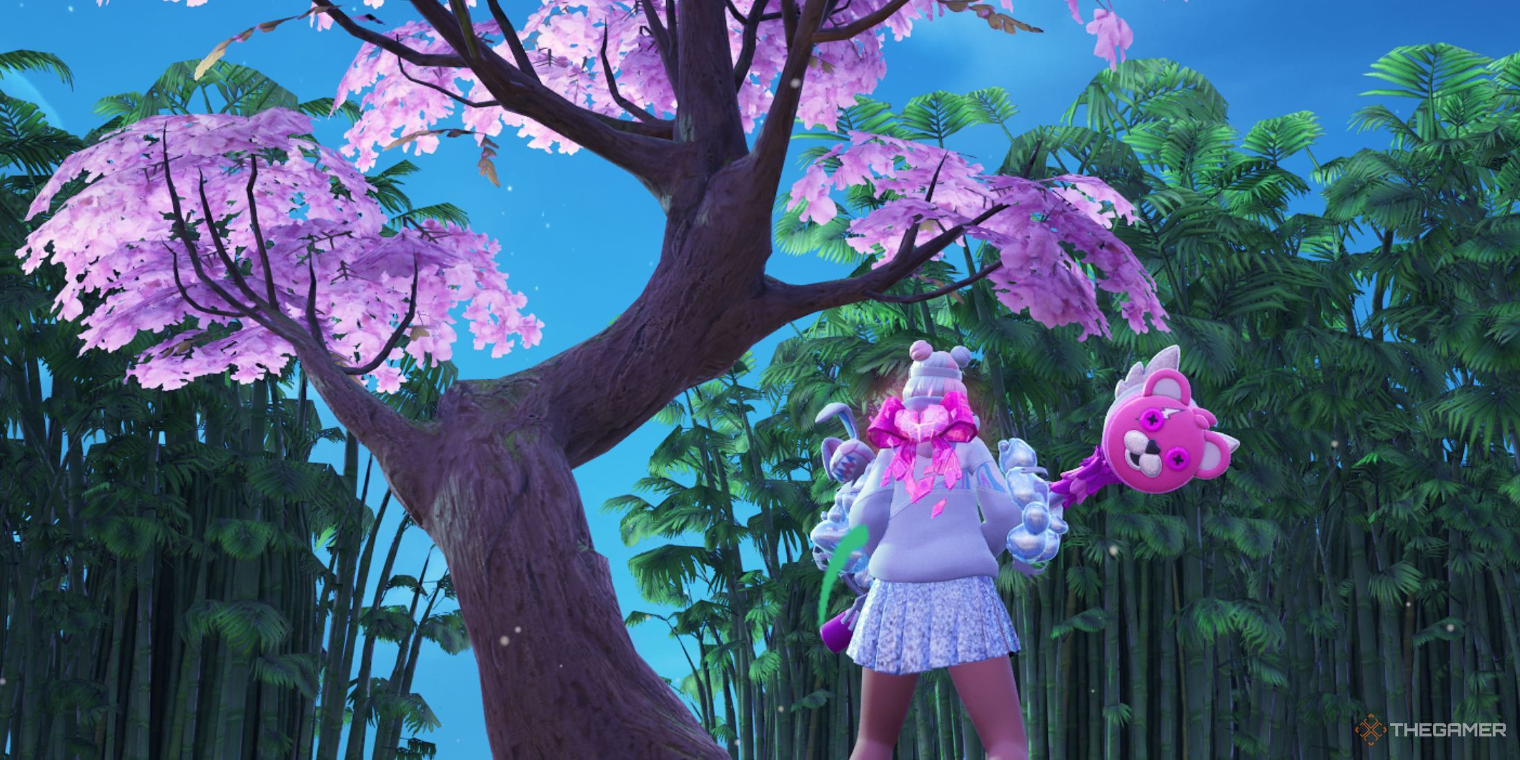 A photo of a character in Fortnite looking at a tree. 