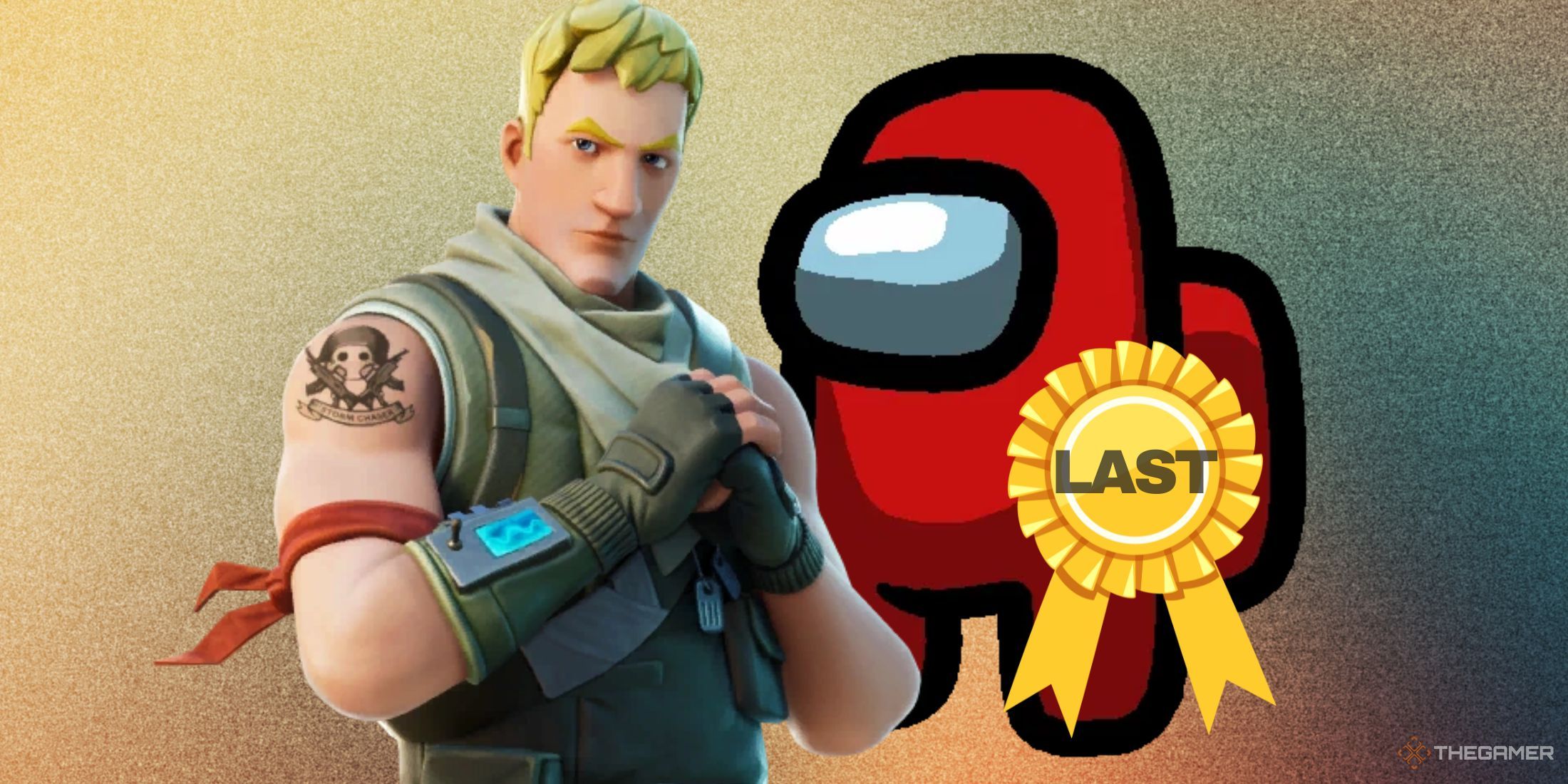 A photo of a Fortnite Jonesy and an Among Us imposter wearing a last place medal.