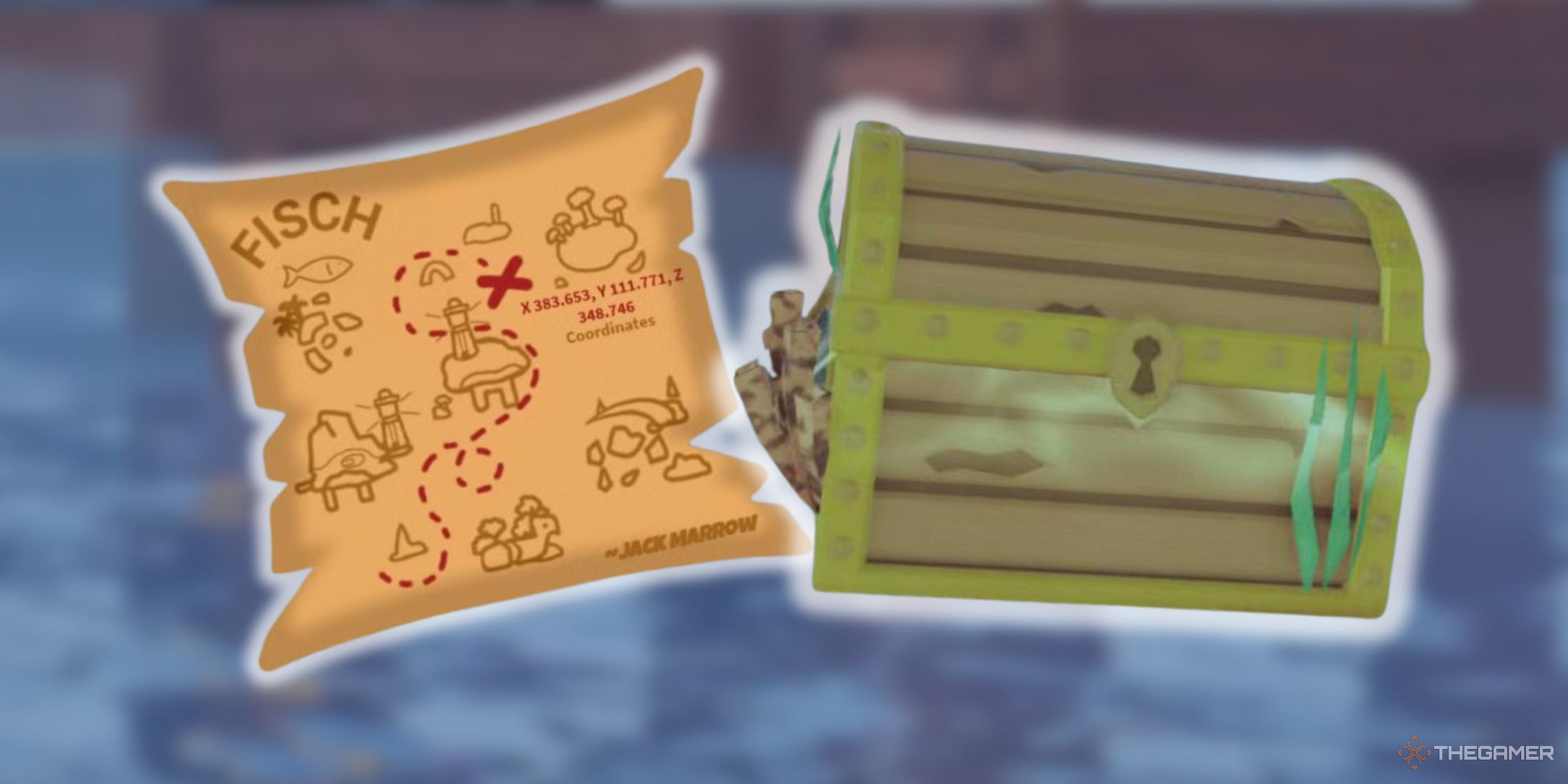 A photo of a map and treasure chest in Roblox Fisch.