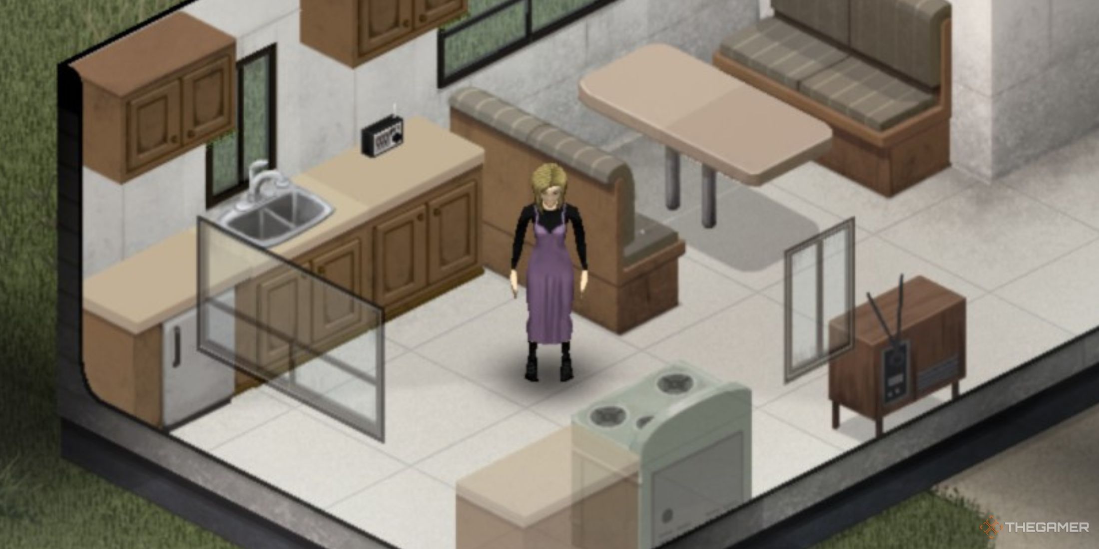 A photo of a woman in a Project Zomboid house.