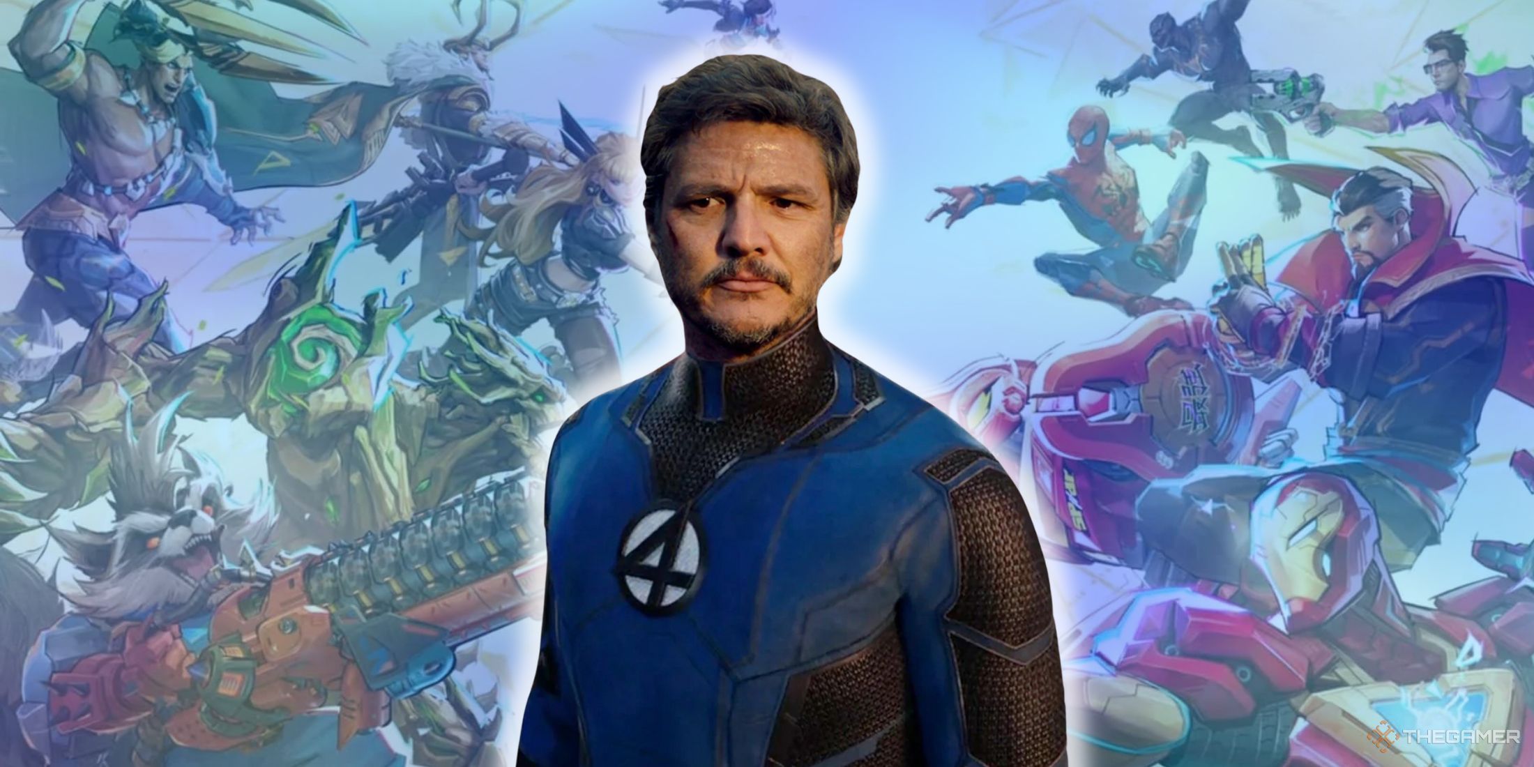 A photo of Pedro Pascal as Mr. Fantastic set against a backdrop of a Marvel Rivals key art.