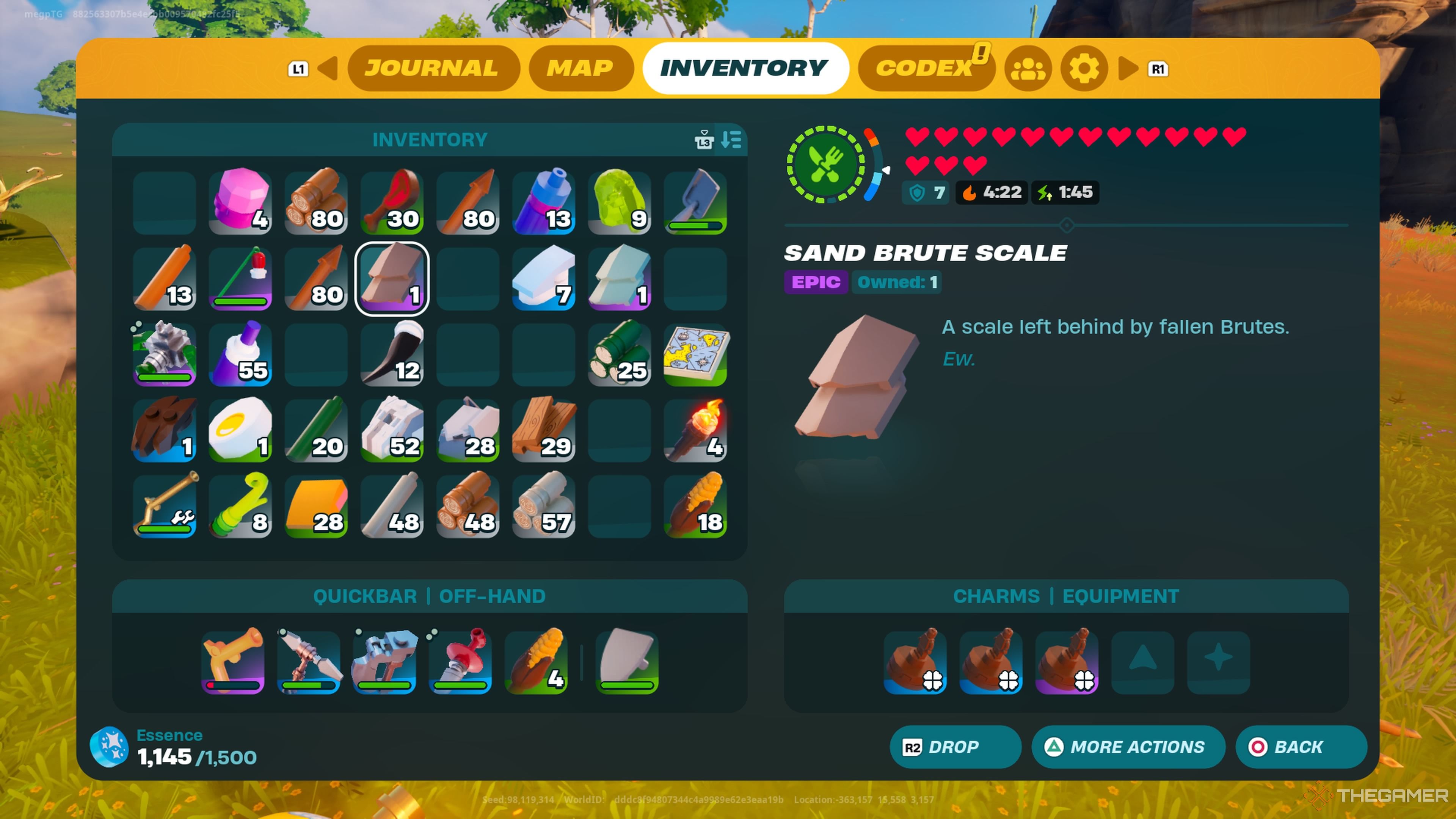 A Sand Brute Scale in an inventory in Lego Fortnite Odyssey.