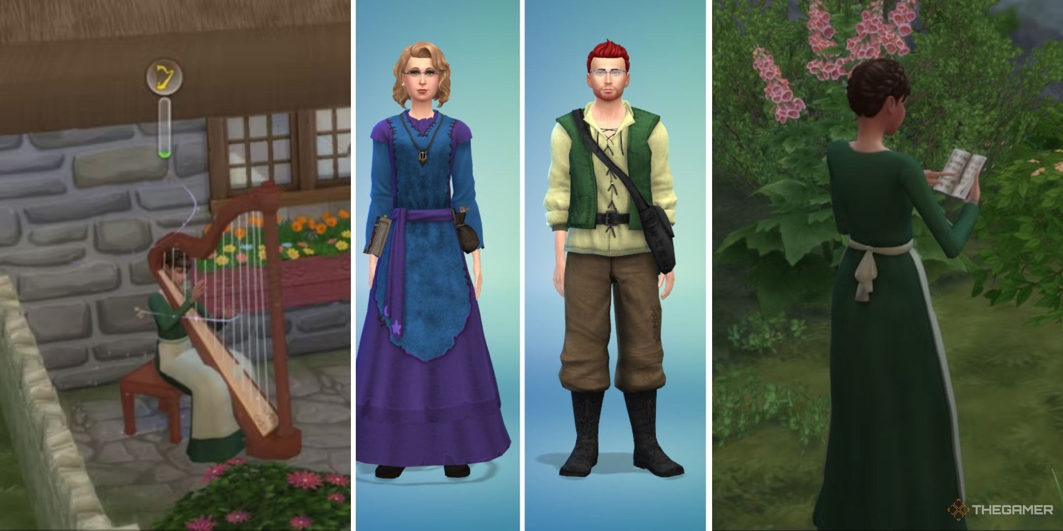 Modded versions of The Sims 5 showing a sim playing a harp, two sims dressed in Cepzid Creation's clothes, and a sim looking at a notebook are shown in a collage.