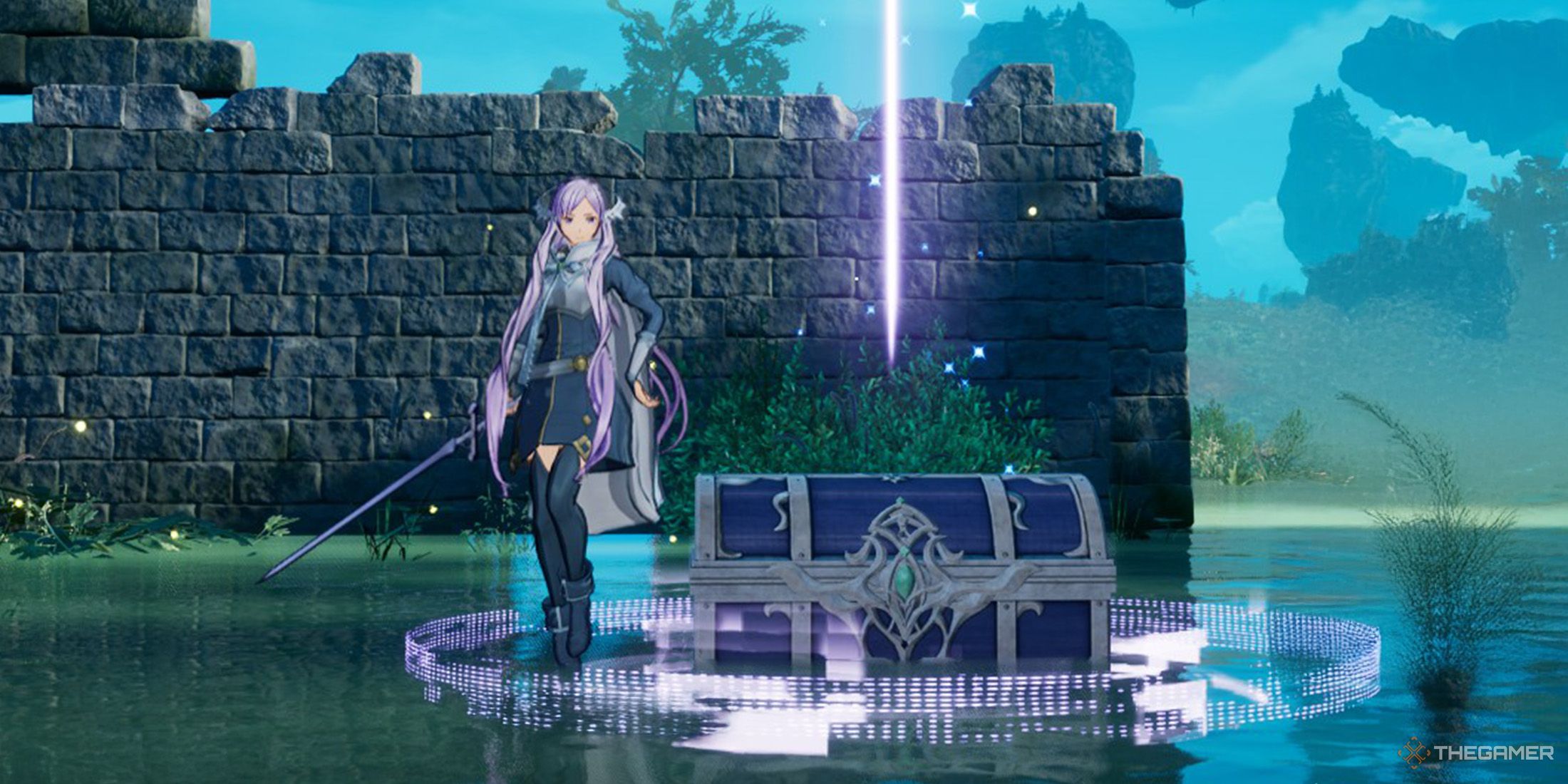 Administrator is standing next to a silver chest in a wetland area in Sword Art Online Fractured Daydream