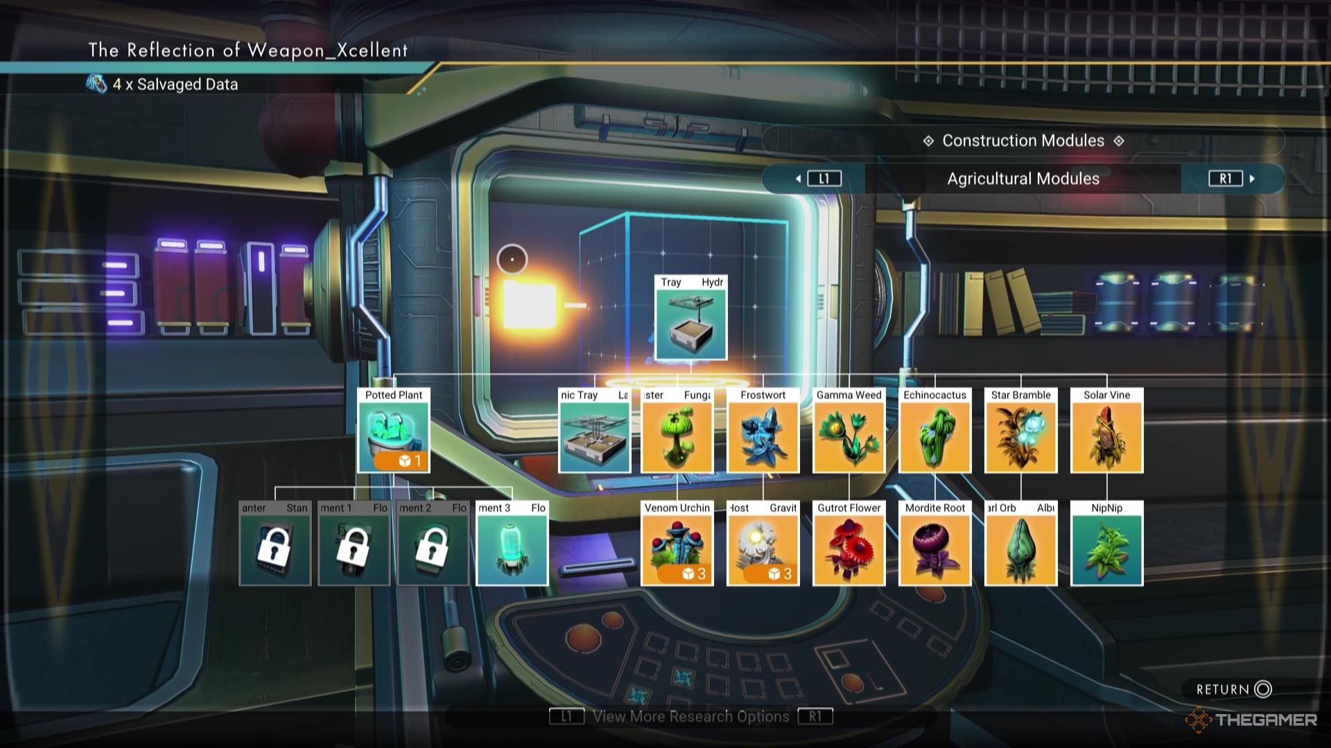 Agricultural Modules in the Construction Research Terminal in No Man's Sky.