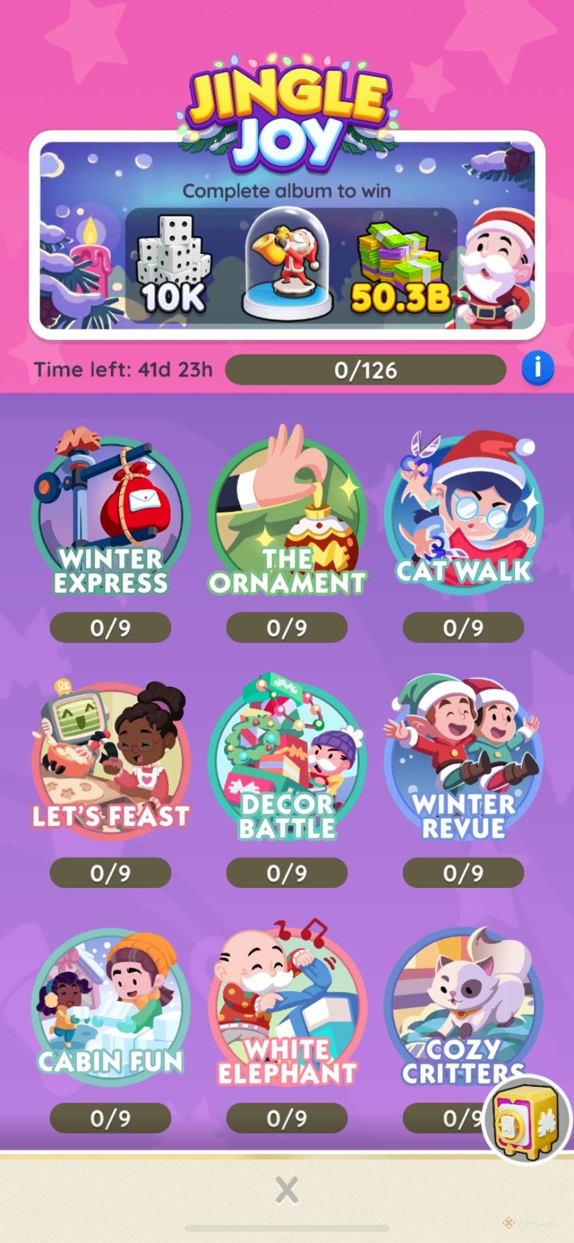 All of the Jingle Joy albums and rewards in Monopoly Go.