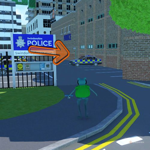 An orange arrow shows the Officer costume location in Amazing Frog