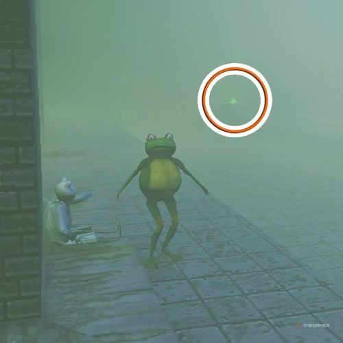 An orange circle shows the Cosplay Frog D costume location in Amazing Frog