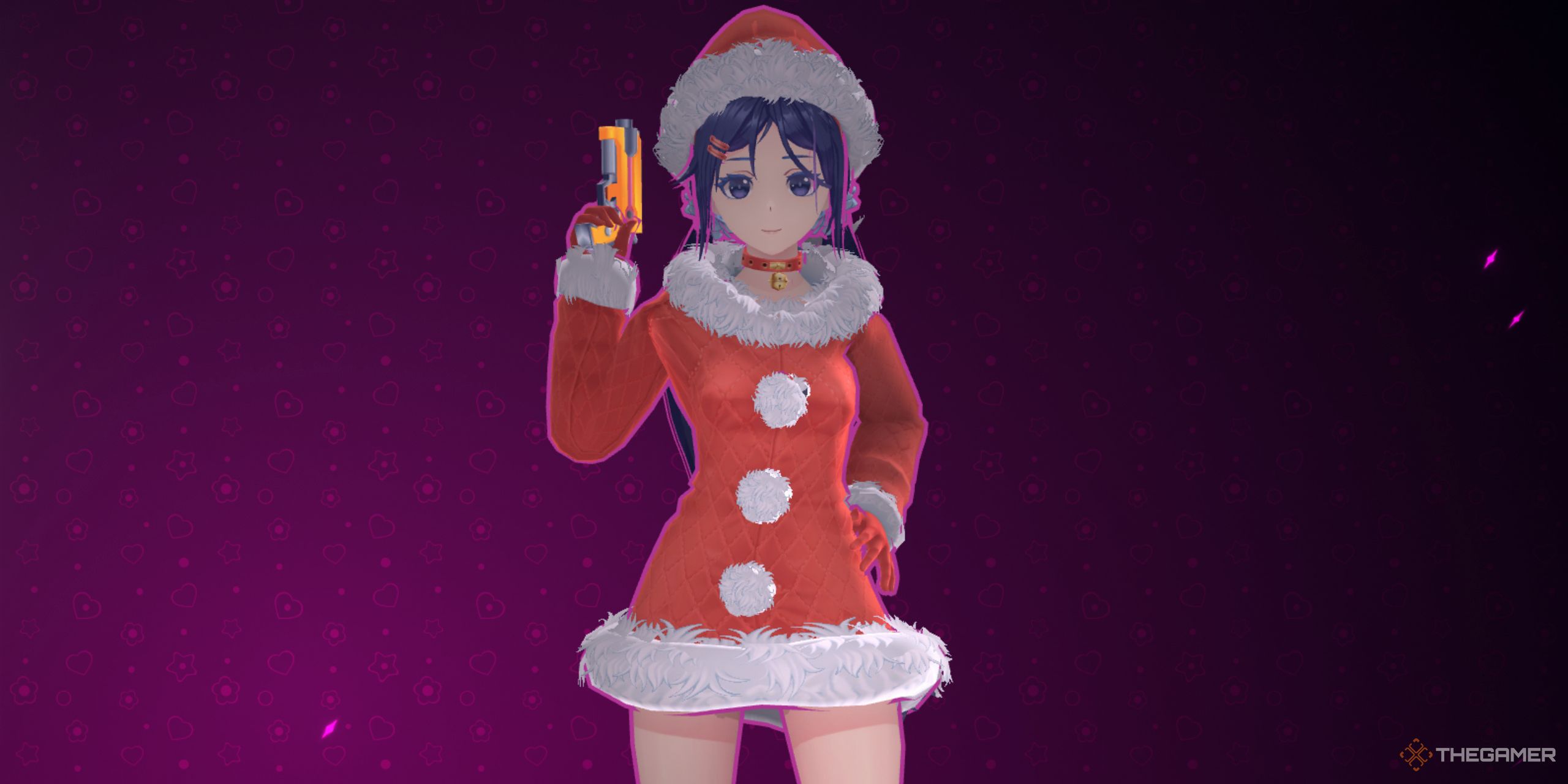 Mita holding a gun while wearing the Christmas costume in MiSide. 