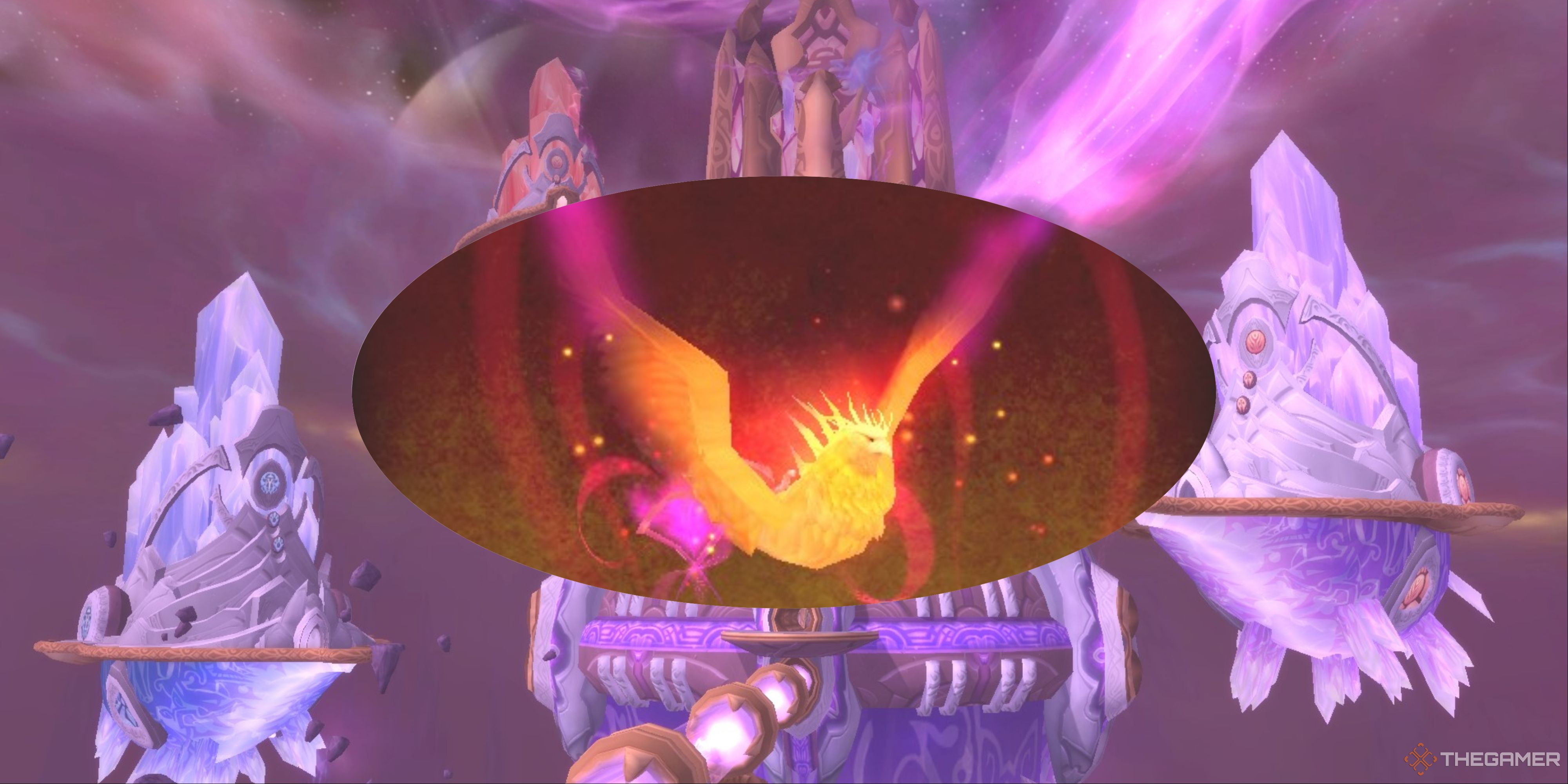 The Ashes of Al'ar mount in an oval with Tempest Keep of Netherstorm in the background.