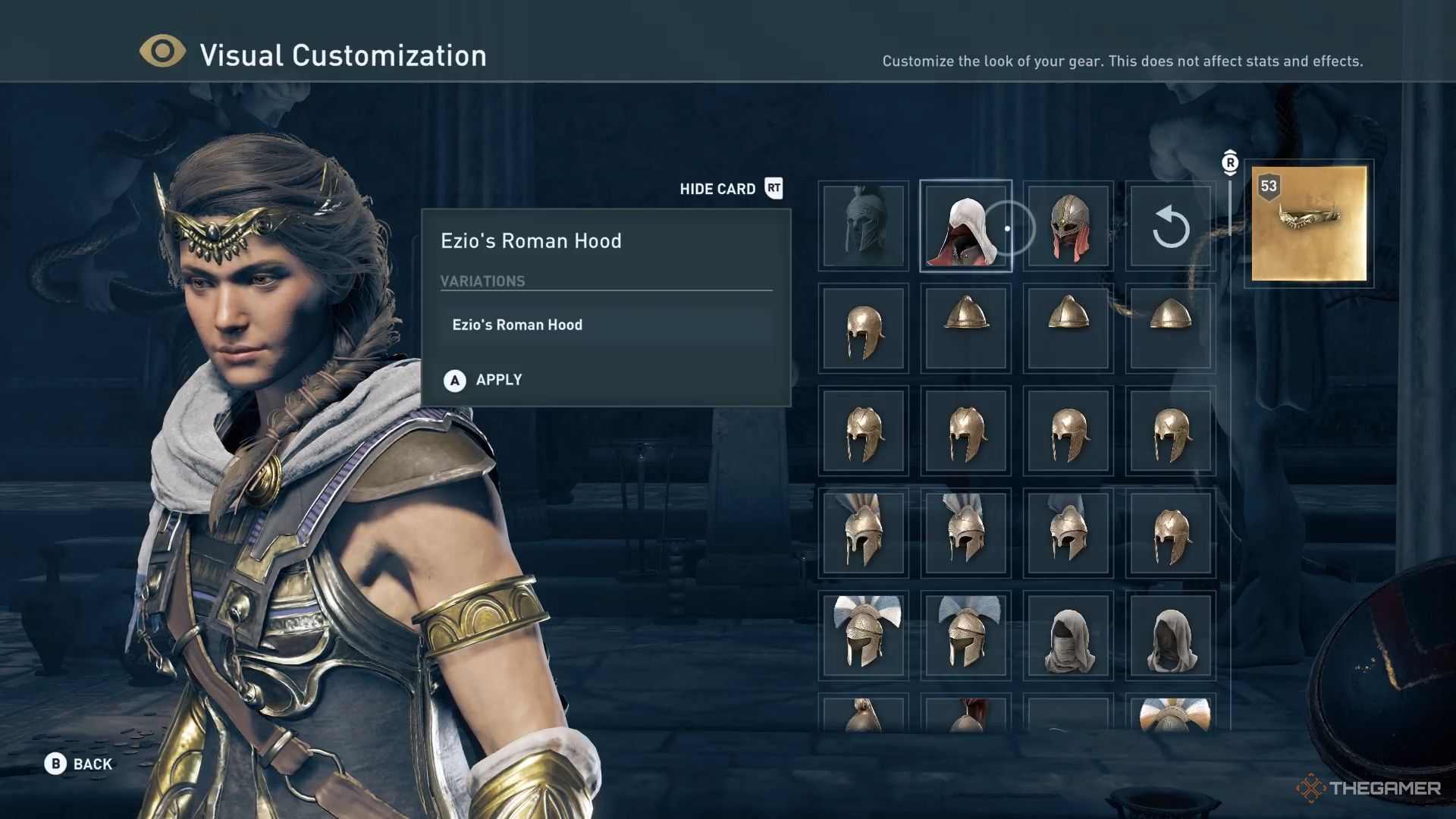 اسکرین شات Assassin's Creed Odyssey از صفحه سفارشی سازی بصری سرپوش.