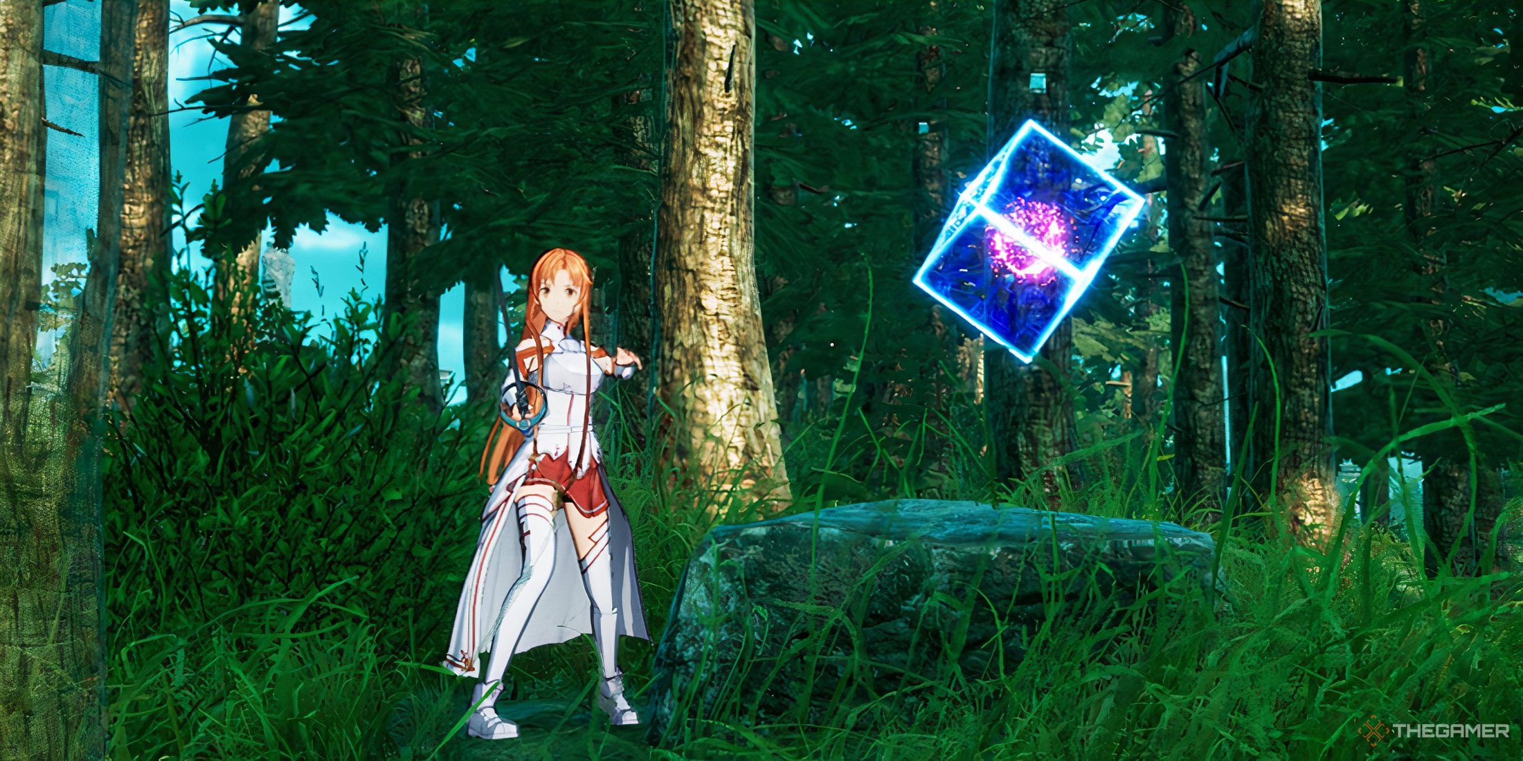 Asuna is standing next to a Data Cell in Sword Art Online Fractured Daydream