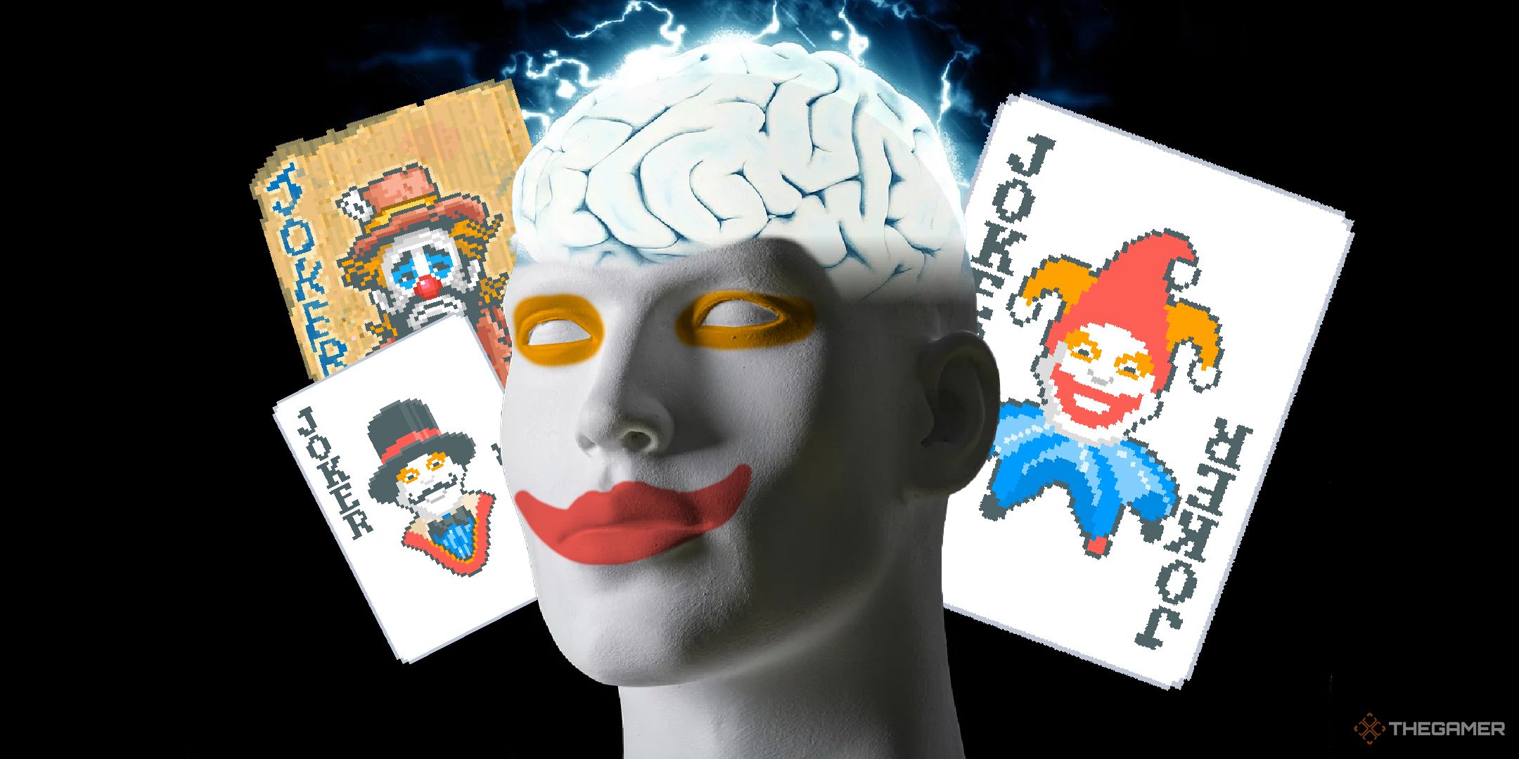 A head with its brain exposed, painted like a Balatro joker and surrounded by joker cards.