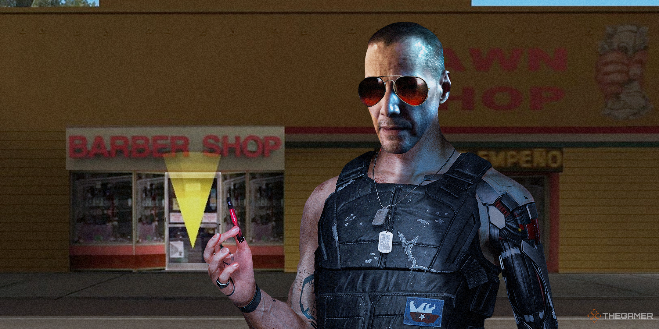 Bald Johnny Silverhand from Cyberpunk 2077 outside of GTA San Andreas barbers.