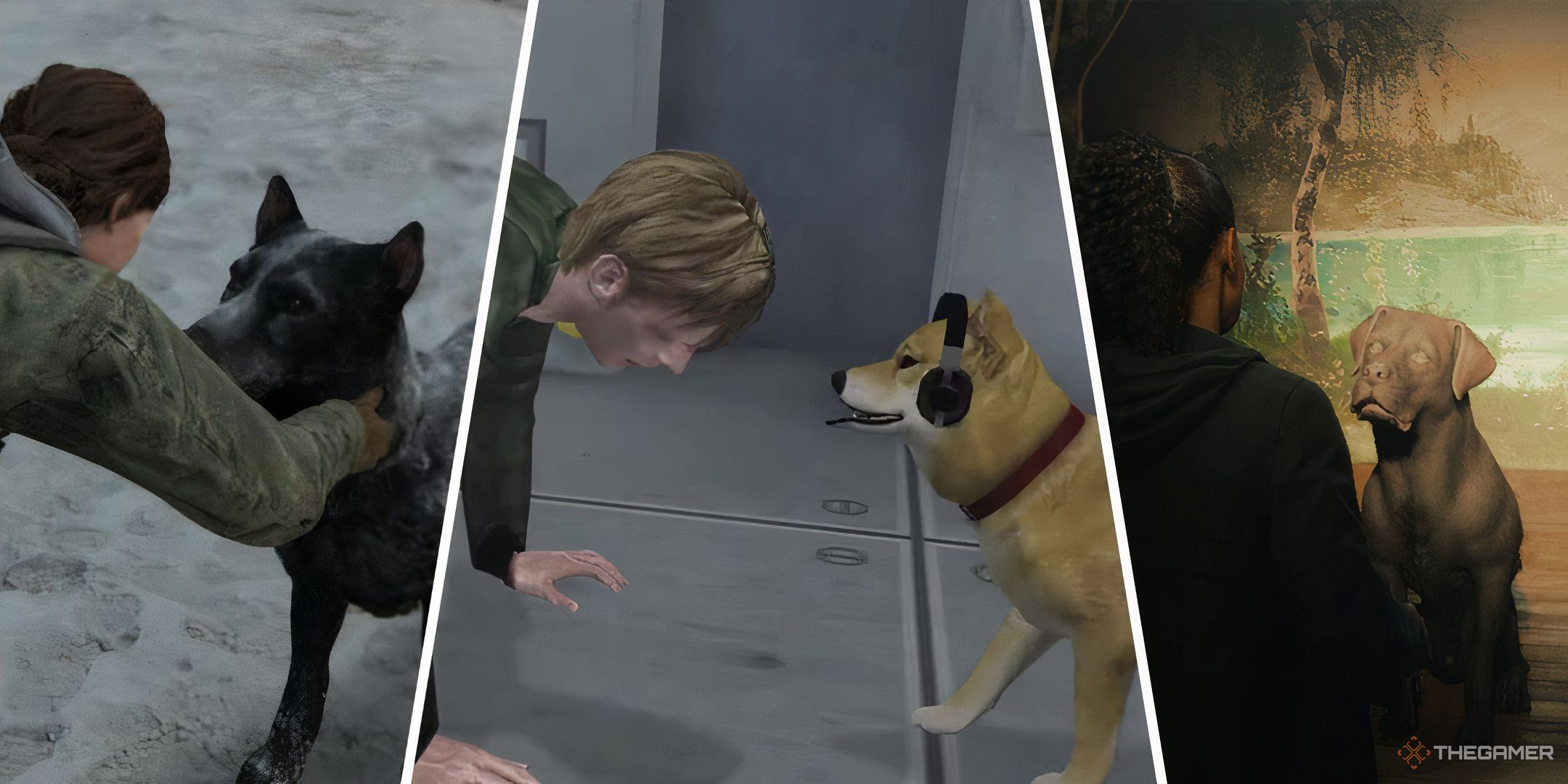 Three-image collage of Ellie petting Buckley in The Last of Us Part 2, James on the ground with Mira in Silent Hill 2, and Saga about to pet Mayor Setter in Alan Wake 2.