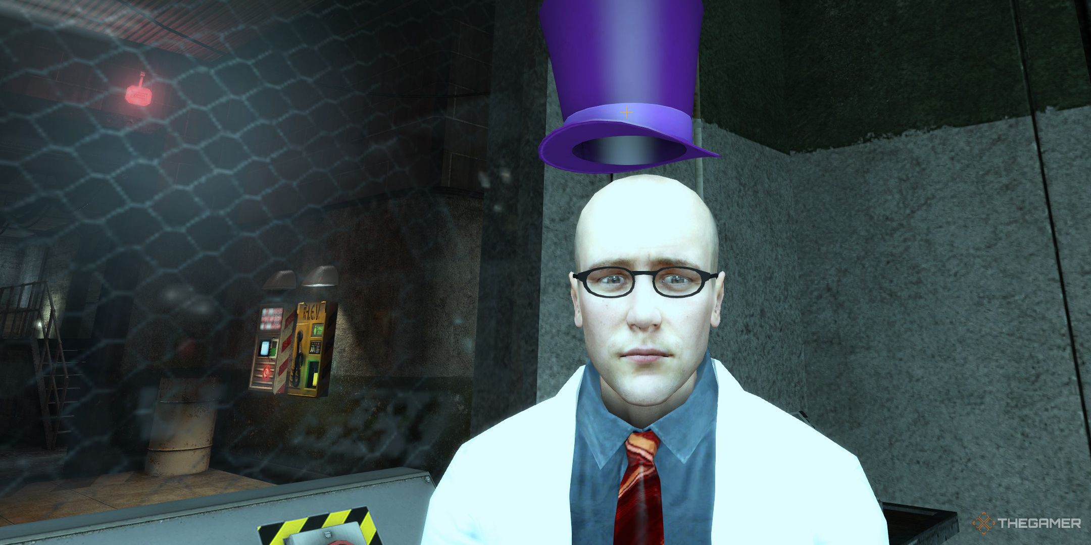 Black Mesa screenshot of the player holding the purple hat above a scientists head.