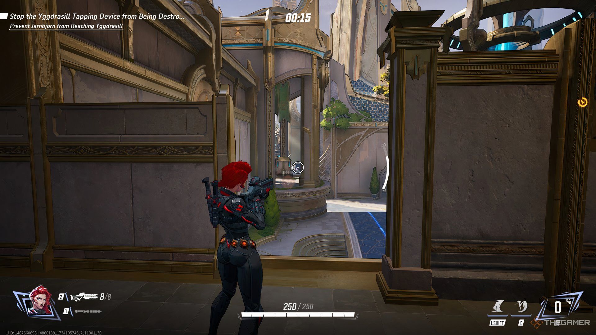 Black Widow aiming at the enemy spawn in Yggdrasill Path in Marvel Rivals.