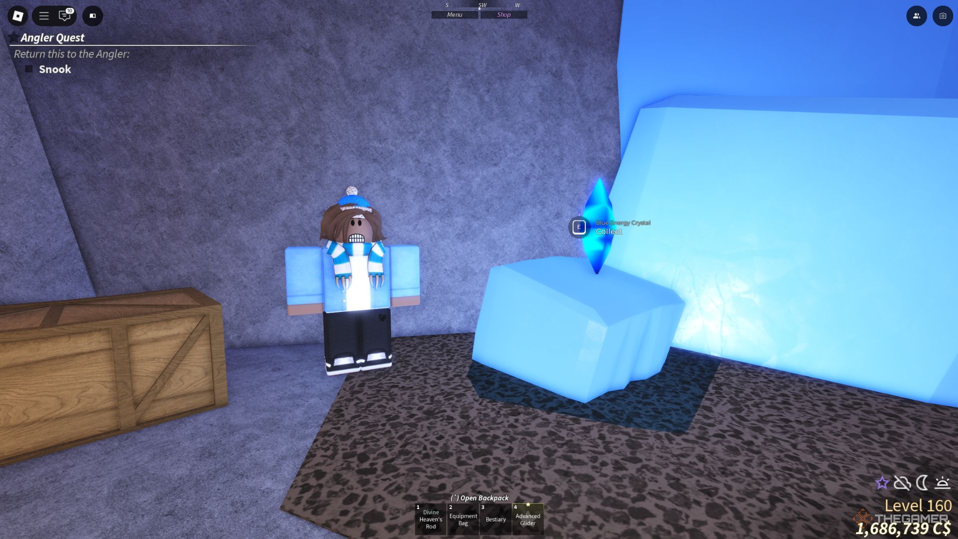 NPC stays next to the Blue Energy Crystal in Fisch.