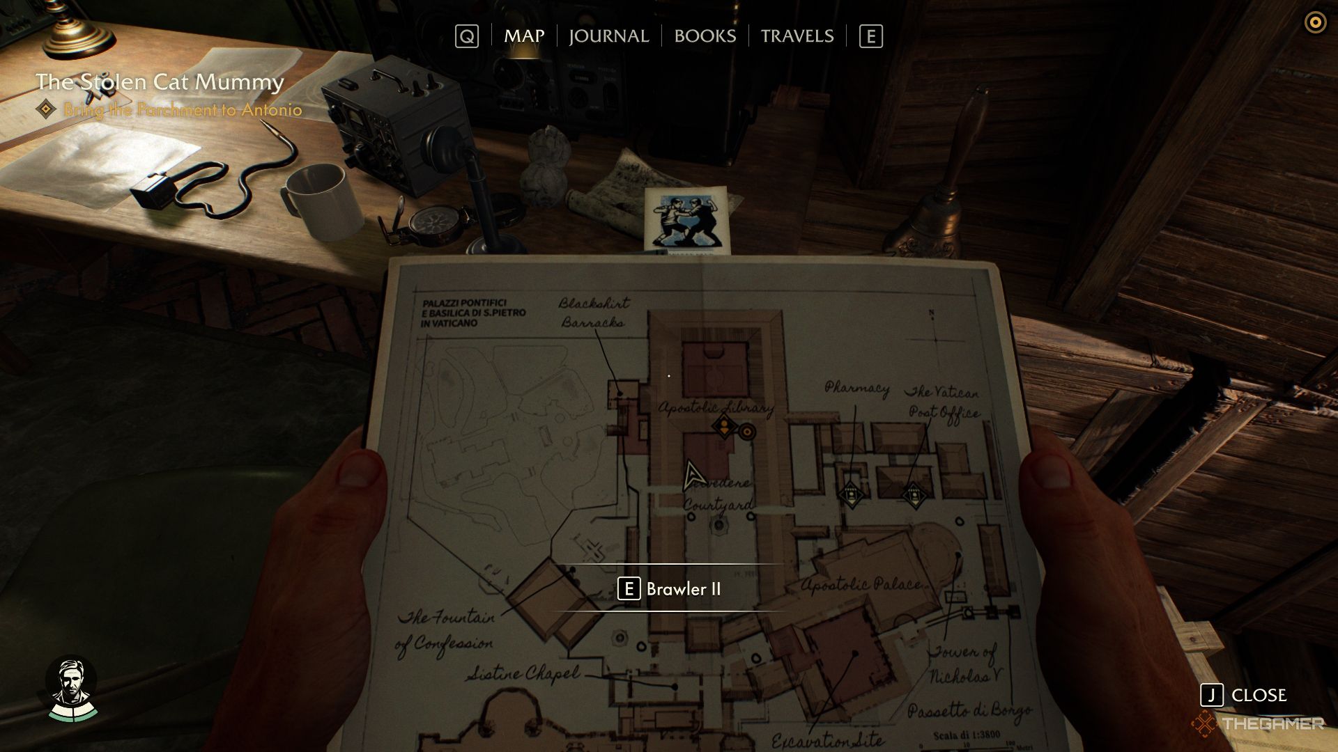 Indy holding a map before the Brawler (2) Adventure Book in Indiana Jones And The Great Circle.