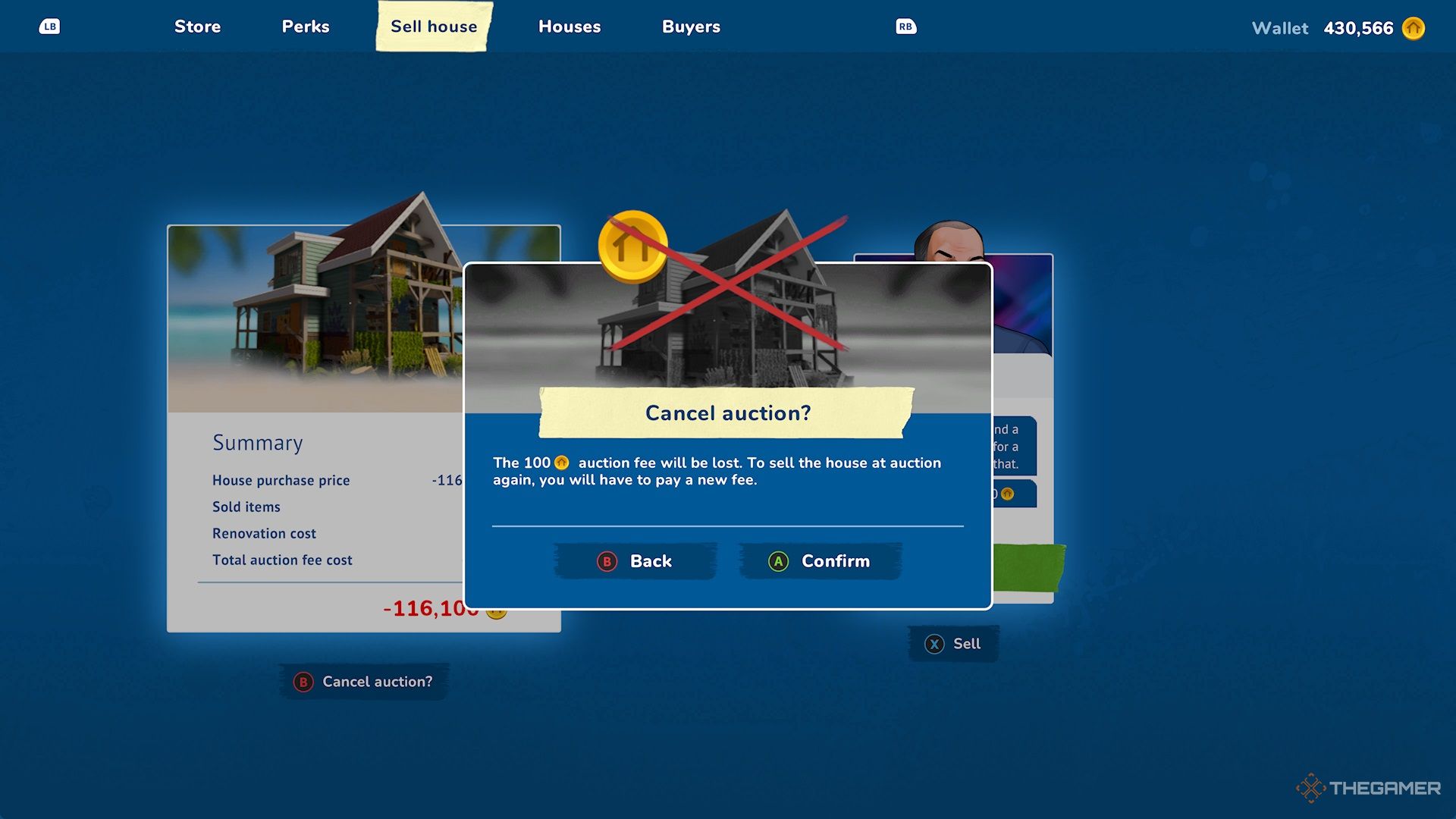 Cancelling an auction warning in House Flipper 2.