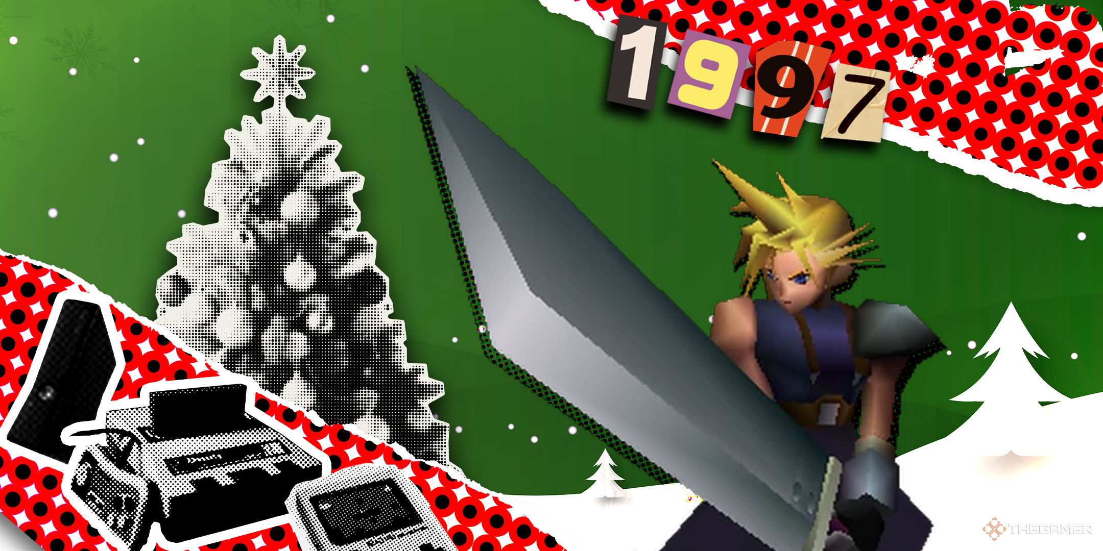 cloud holding his buster sword in the original final fantasy 7 on a christmas background.