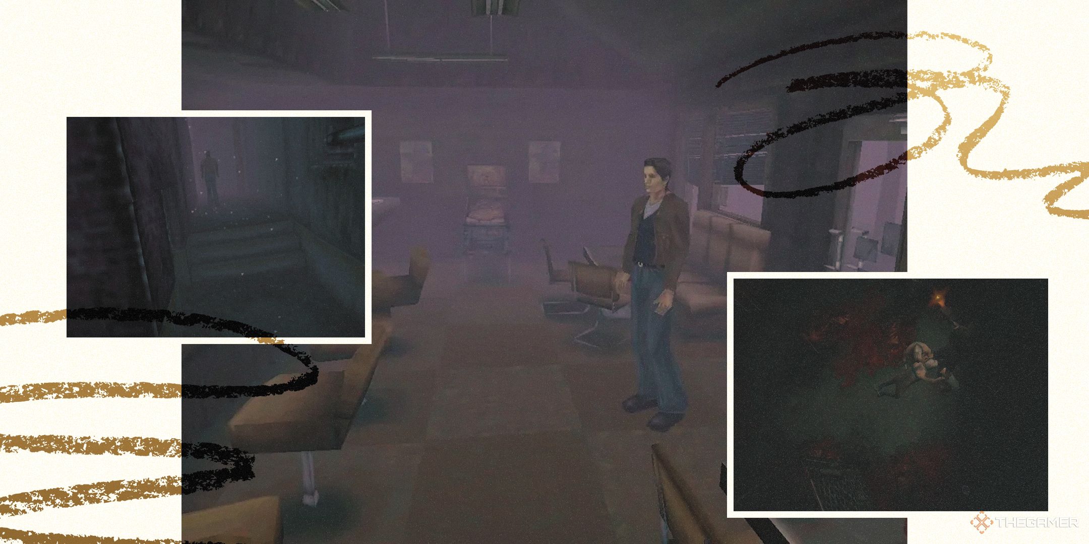 Collage of Silent Hill screenshots showing Harry Mason in various locations. 