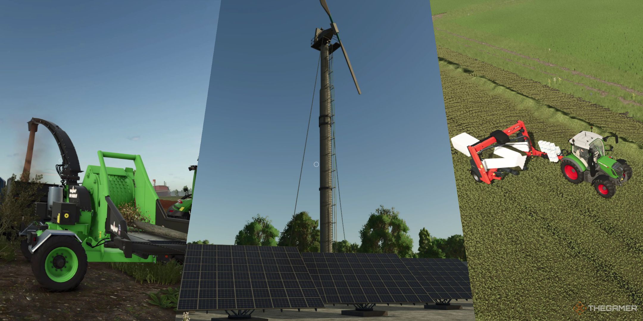 Collage of wood chipping, clean energy, and bale wrapping in Farming Simulator 25.