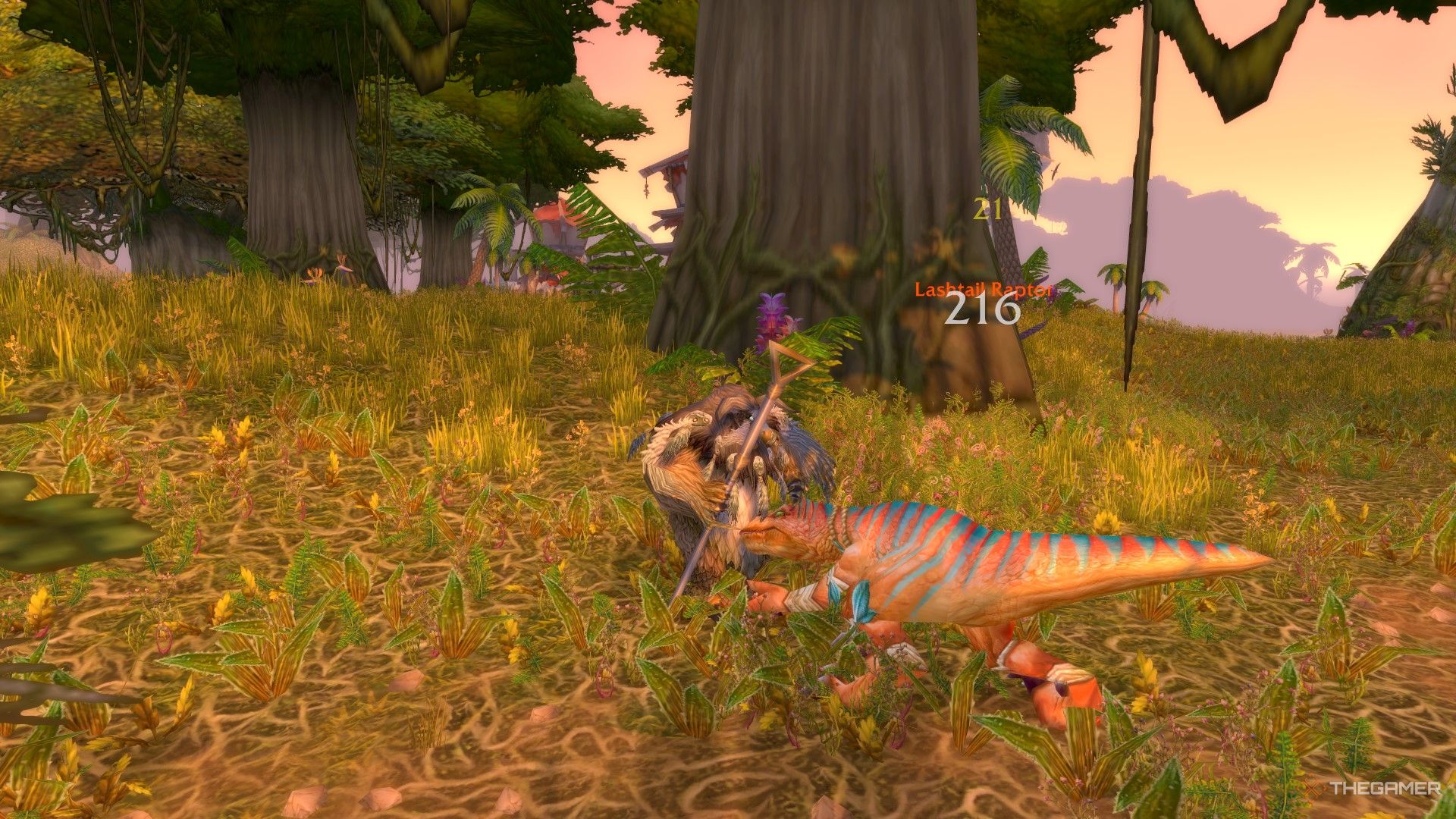 A tauren druid in moonkin form fighting a lashtail raptor in Stranglethorn Vale with Grom'gol Basecamp in the background.