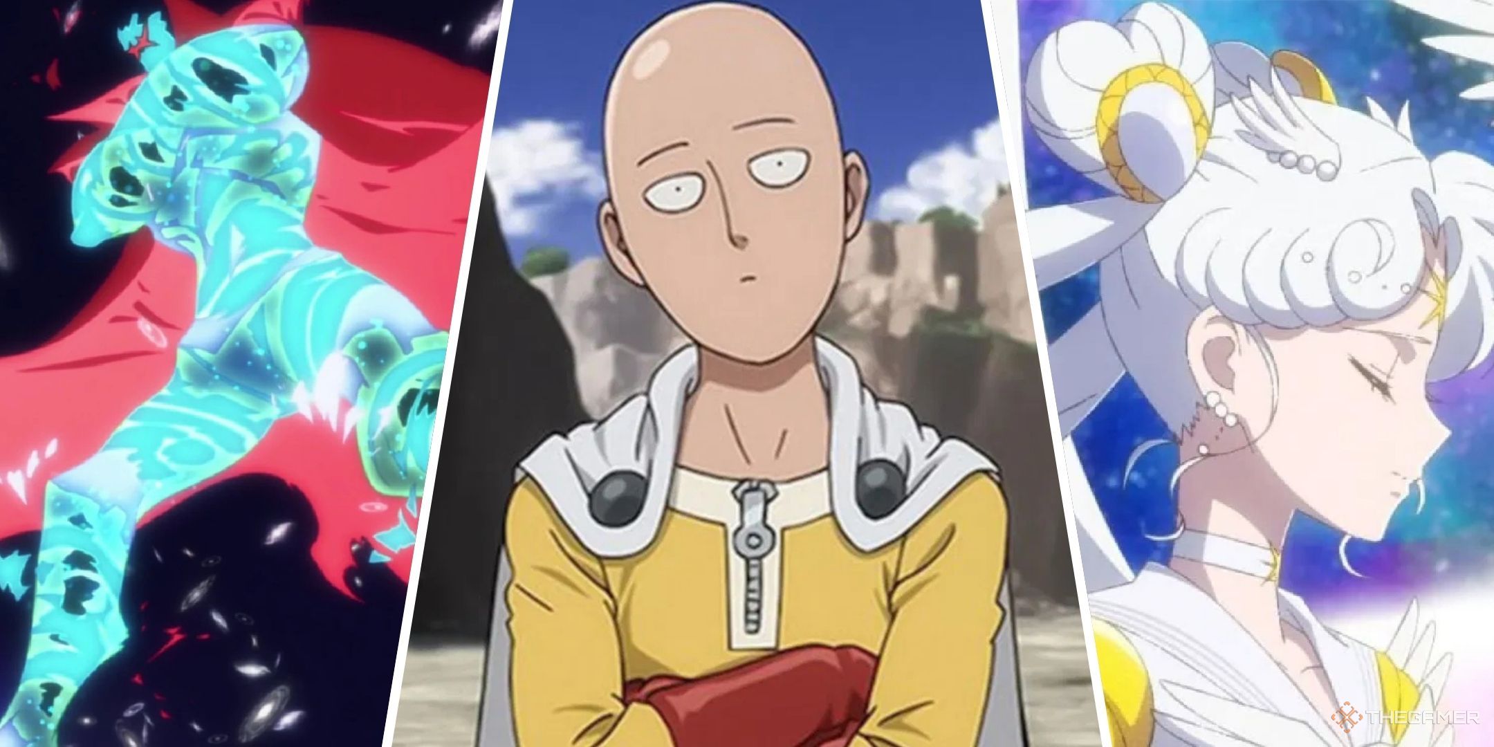 Collage showing the Gurren Lagan, Saitama and Sailor Cosmos.