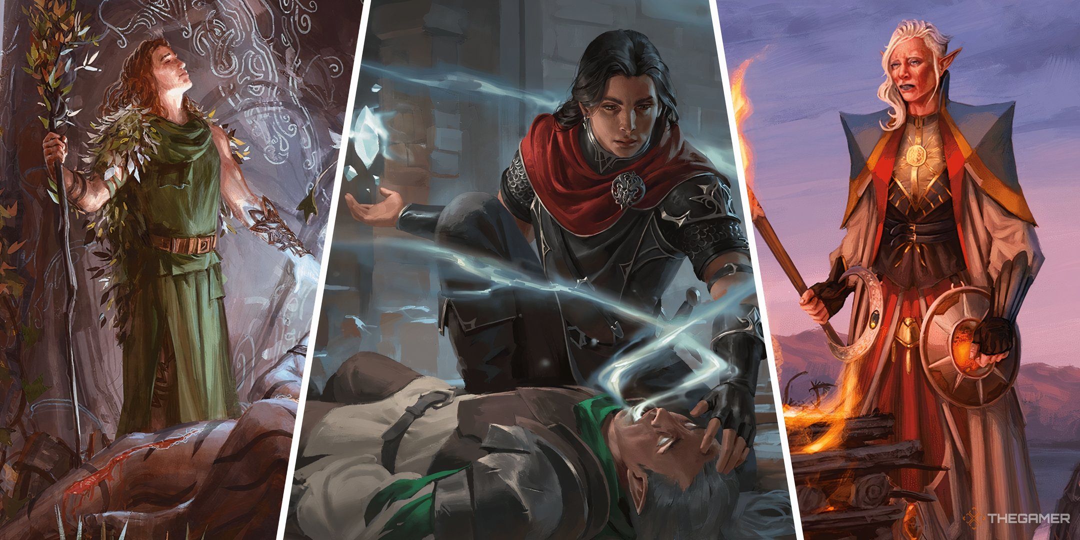 Three spellcasters in a split image run resurrection rituals in Dungeons & Dragons. 