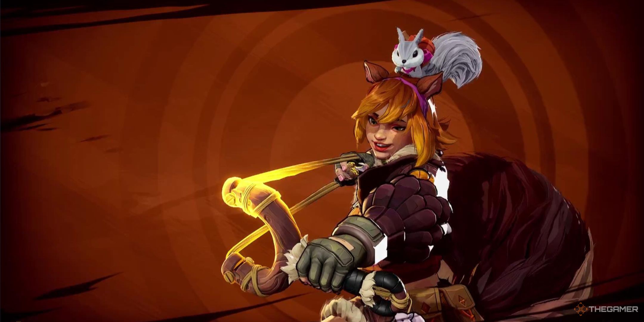 Squirrel Girl smiles as she aims her slingshot at, presumably, someone who deserves it, in Marvel Rivals.