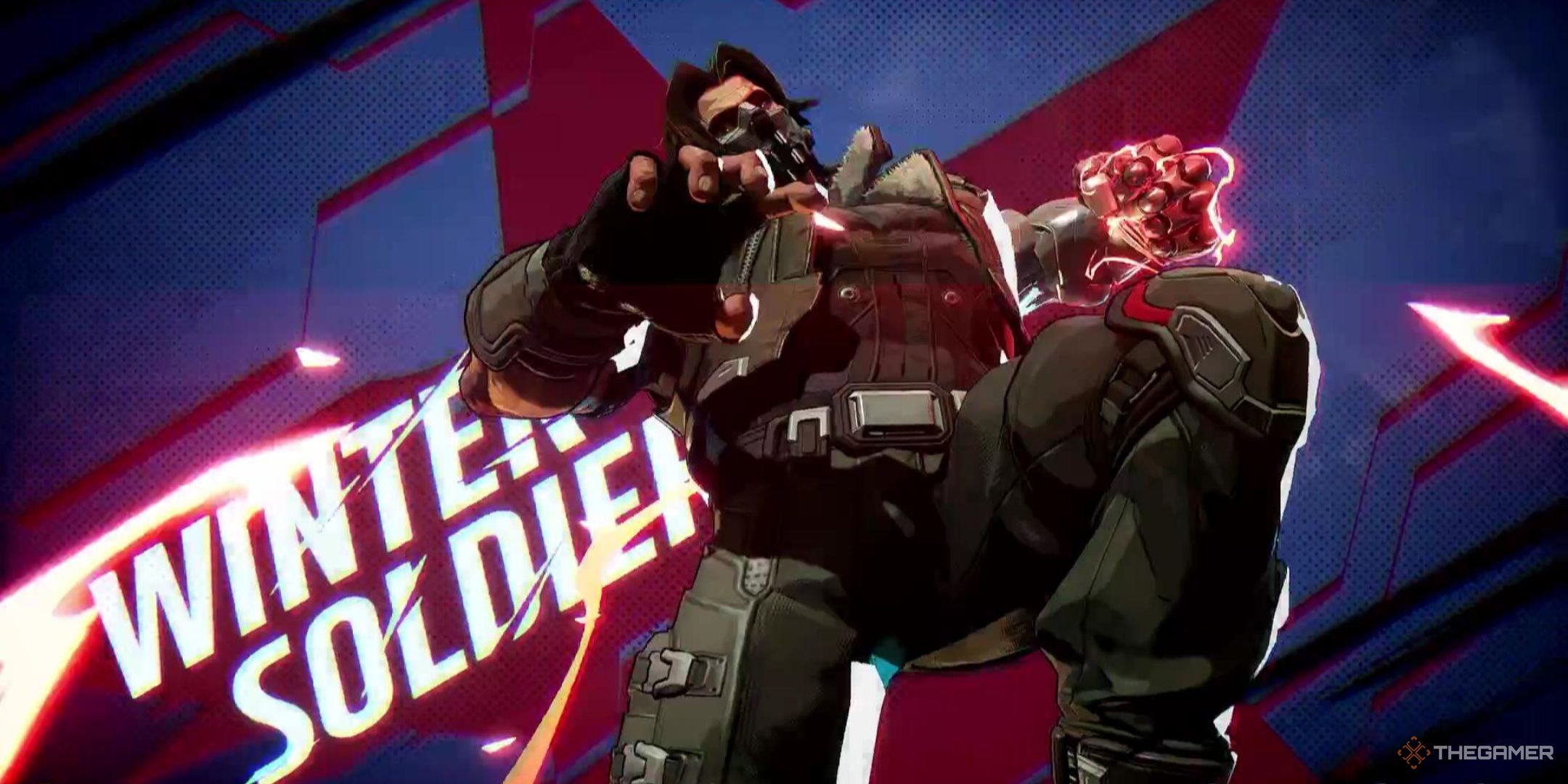 The Winter Soldier leaps into the air, charging his Bionic Arm in Marvel Rivals.